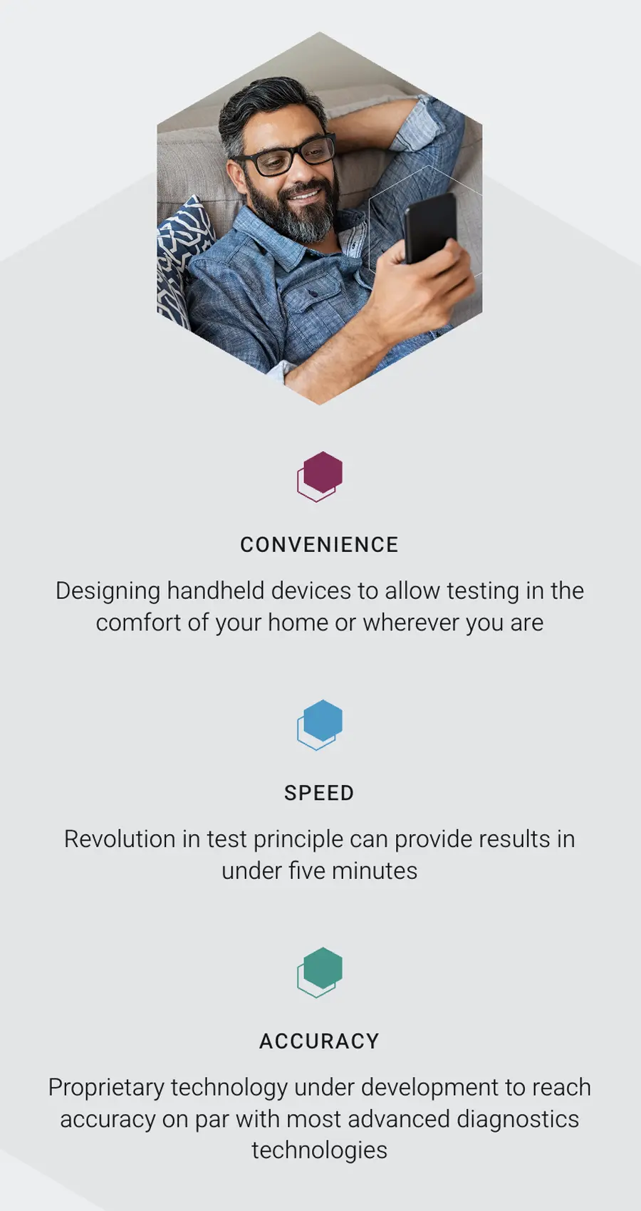 Man smiling while using a smartphone, with sections below highlighting convenience, speed, and accuracy of handheld diagnostic technology.