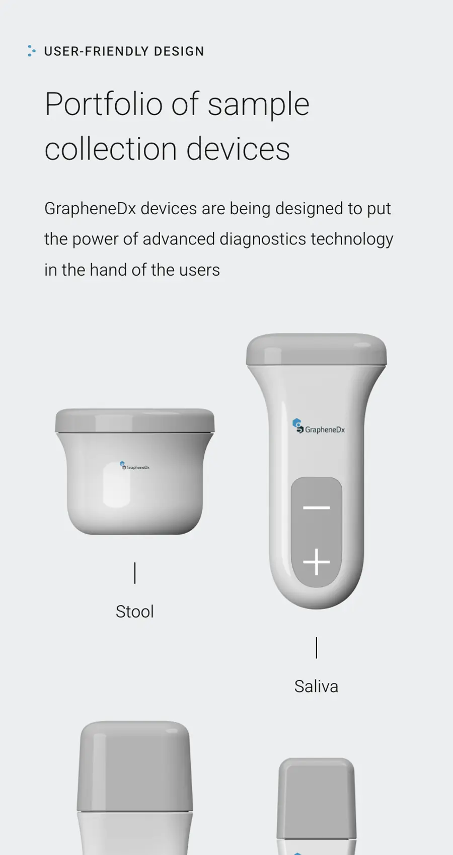 Image showing two GrapheneDx sample collection devices labeled "Stool" and "Saliva," demonstrating user-friendly design for advanced diagnostic technology.