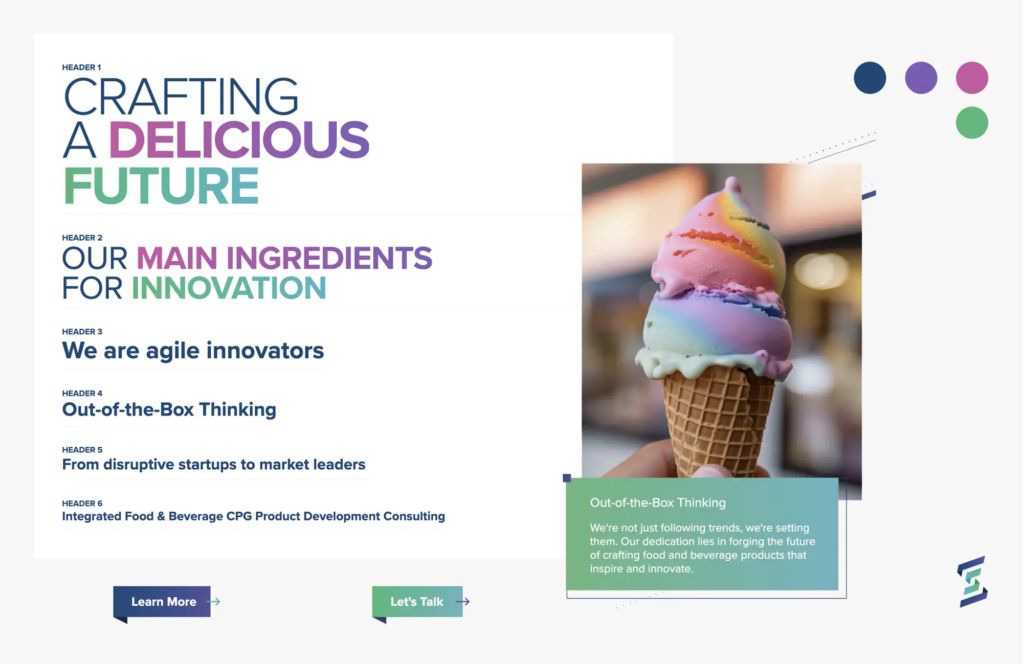 A presentation slide featuring text about innovation in food and beverage, a photo of colorful ice cream in a waffle cone, and buttons labeled "Learn More" and "Let's Talk.