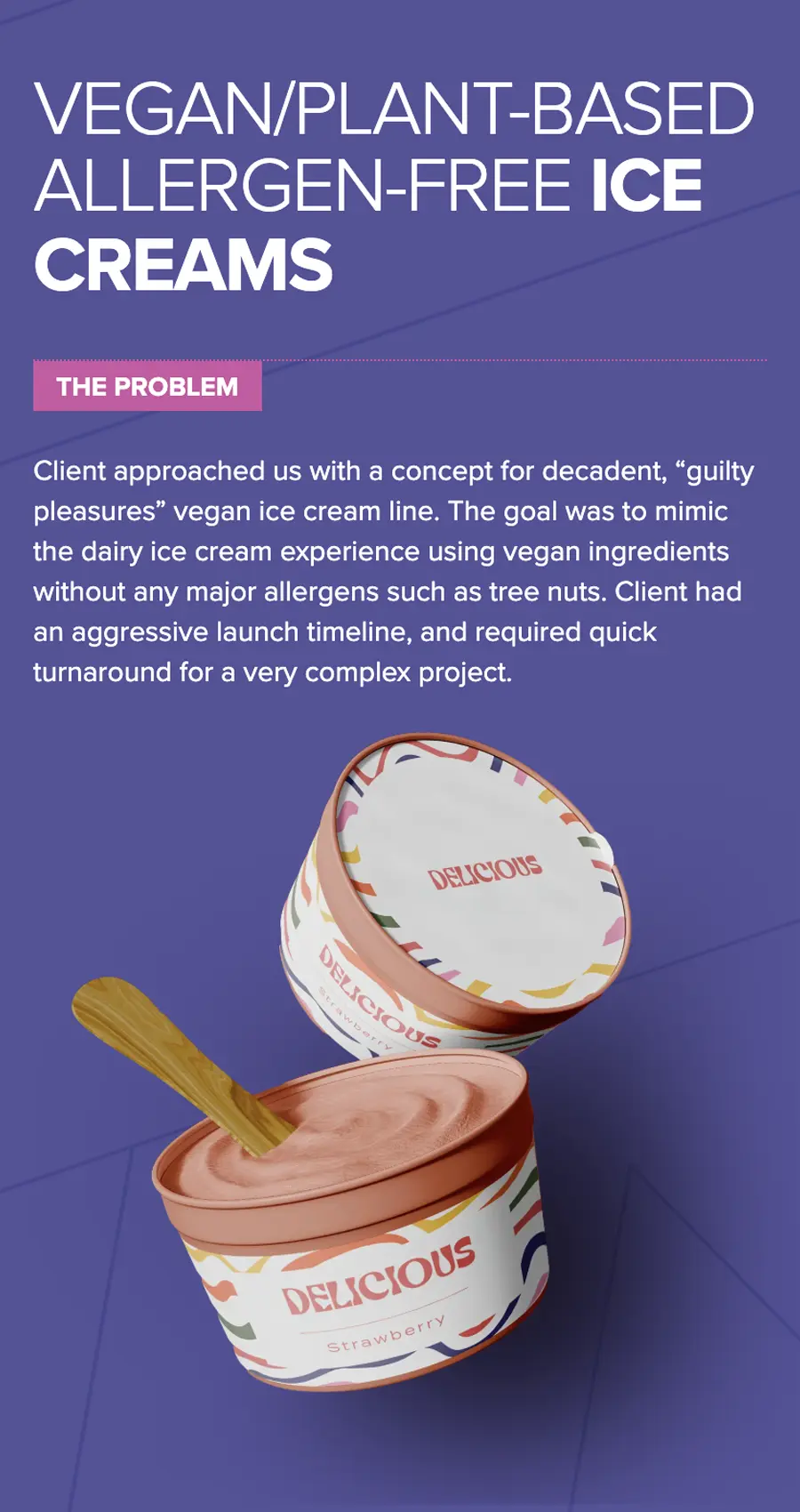 A container of strawberry vegan ice cream with a wooden spoon, on a purple background, next to text discussing allergen-free plant-based ice creams.