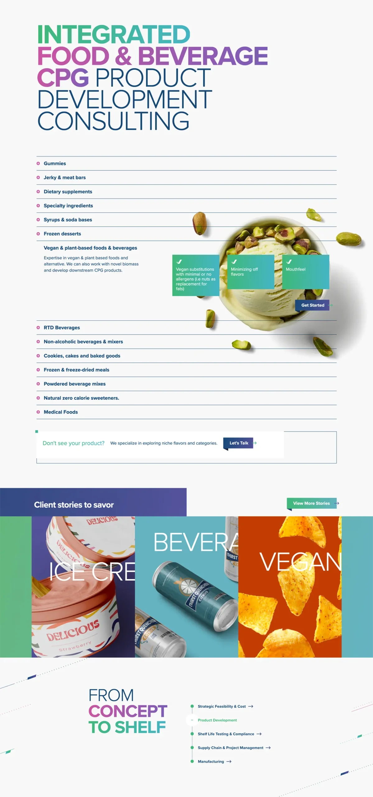 Website homepage for a food and beverage consulting firm, listing product categories like gummies, beverages, and snacks; features images of snacks, drinks, and plant-based foods.