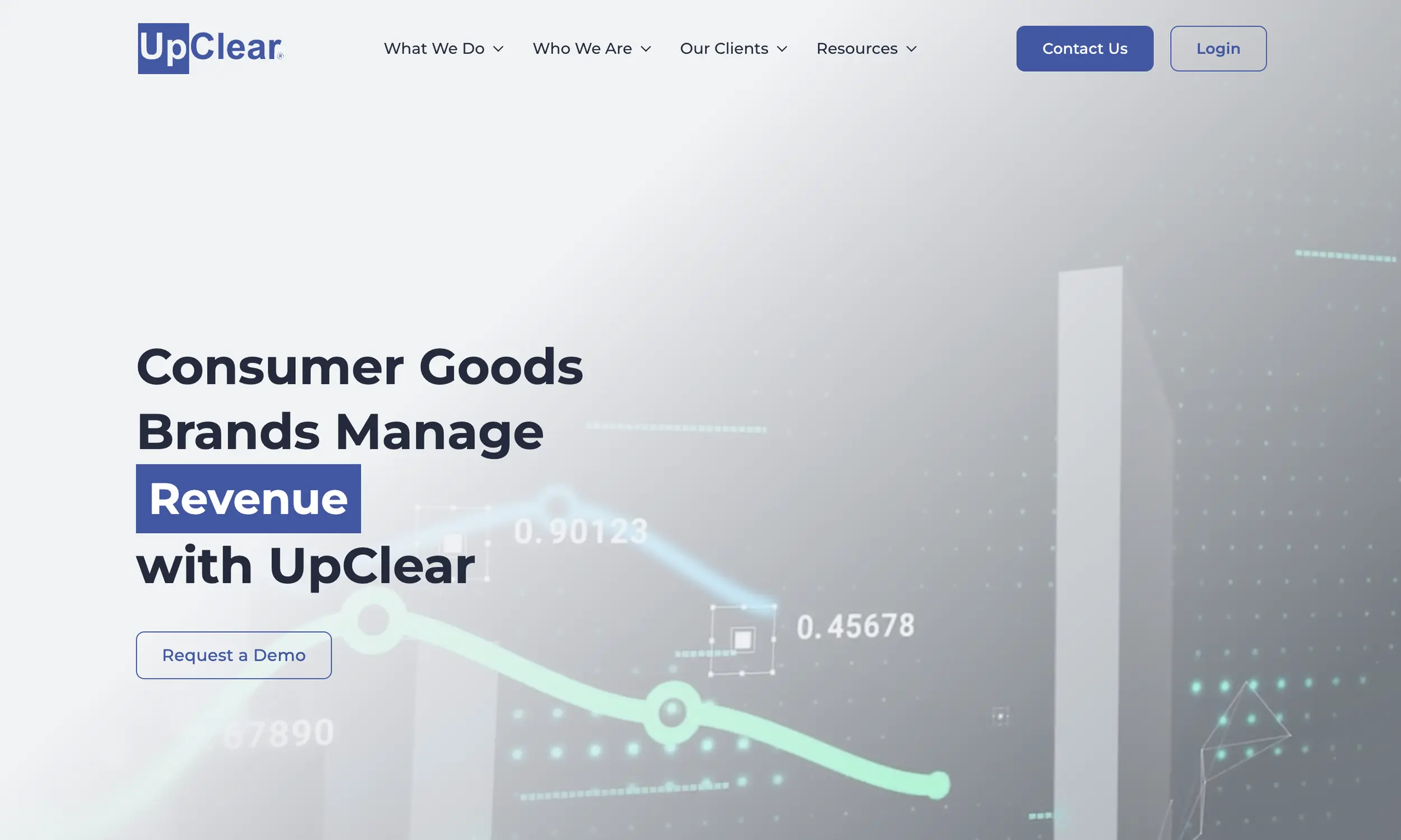 UpClear website homepage showing navigation menu, company logo, and text: "Consumer Goods Brands Manage Revenue with UpClear" over a background of data charts and graphs.