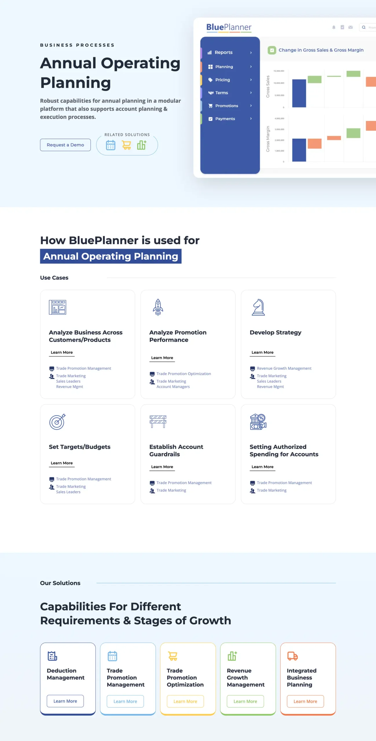 Screenshot of a website detailing BluePlanner's annual operating planning features, use cases, and solution capabilities with sections for demos, growth stages, and planning categories.