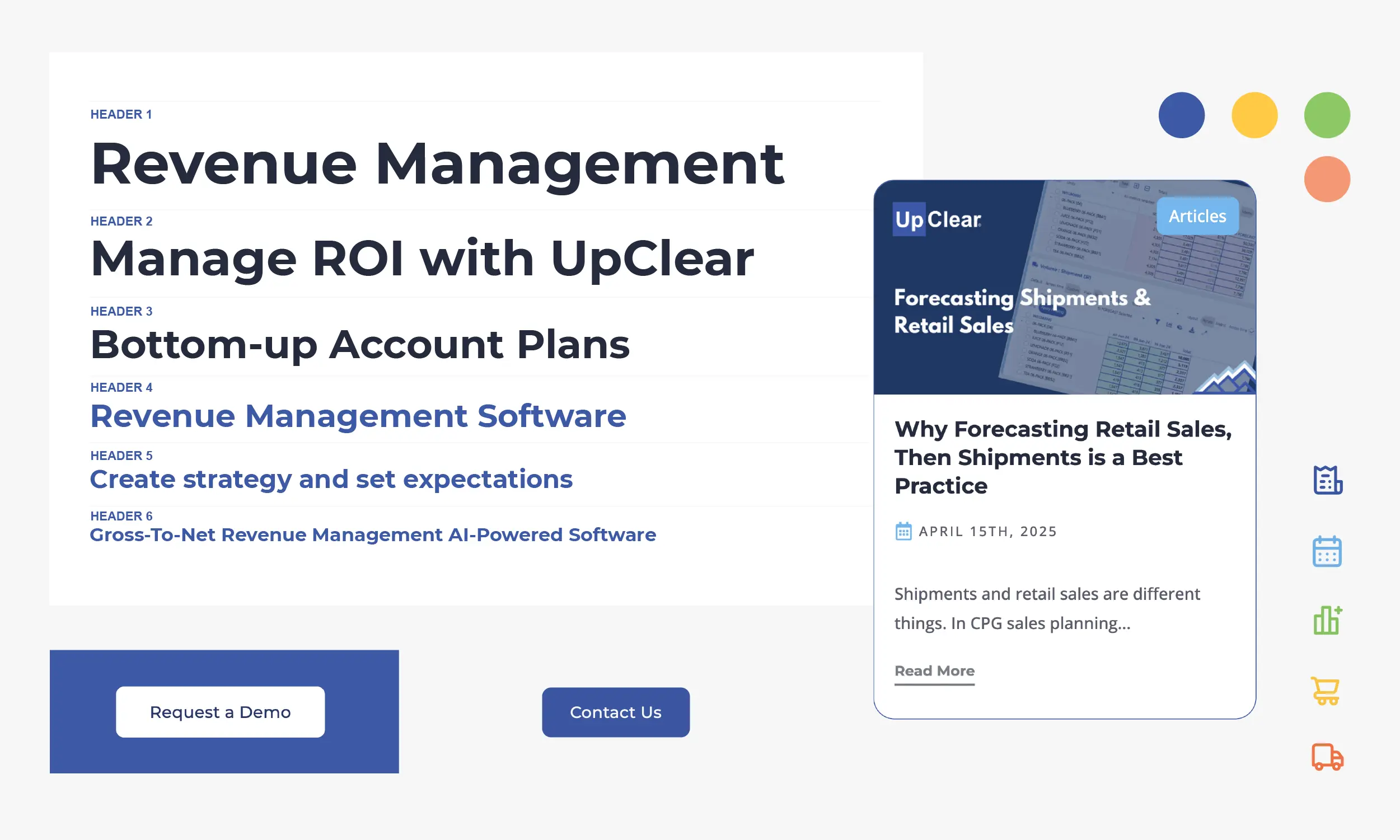 A webpage displays Revenue Management content, including headers, article preview on forecasting retail sales, and buttons labeled "Request a Demo" and "Contact Us.