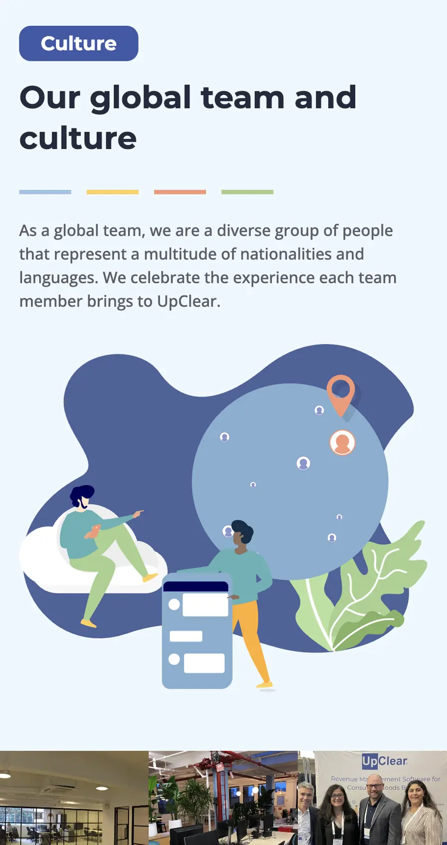 A graphic and photos highlight UpClear’s diverse global team and culture, emphasizing teamwork and a variety of nationalities and languages.