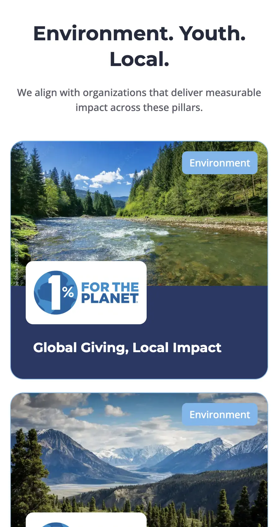 Two scenic landscape photos of forests, rivers, and mountains with “Environment” tags and a “1% for the Planet” badge. Text reads: Global Giving, Local Impact.