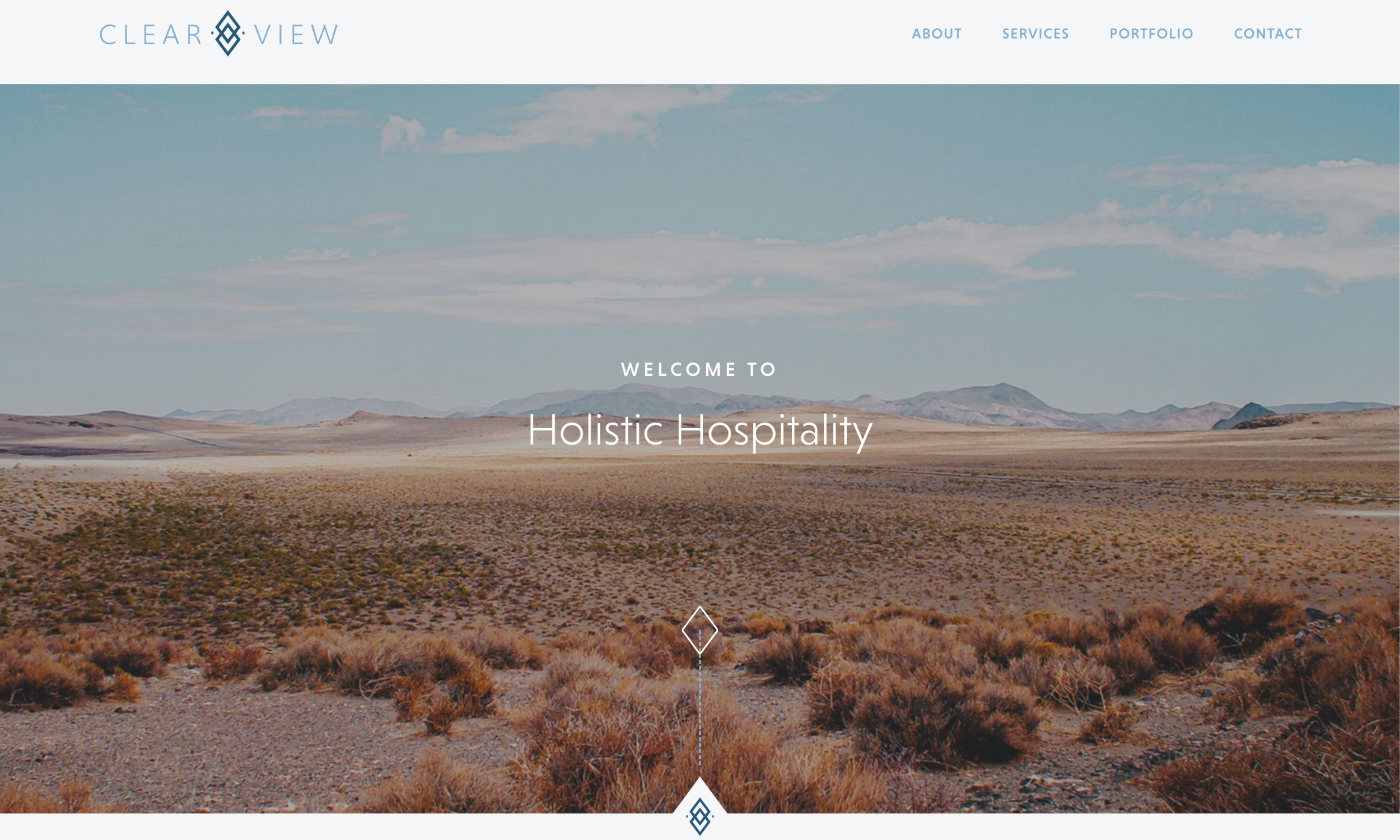 A wide desert landscape with dry grass and mountains under a blue sky, overlaid with the text "Welcome to Holistic Hospitality." Website navigation featuring modern hotel website design is visible at the top.