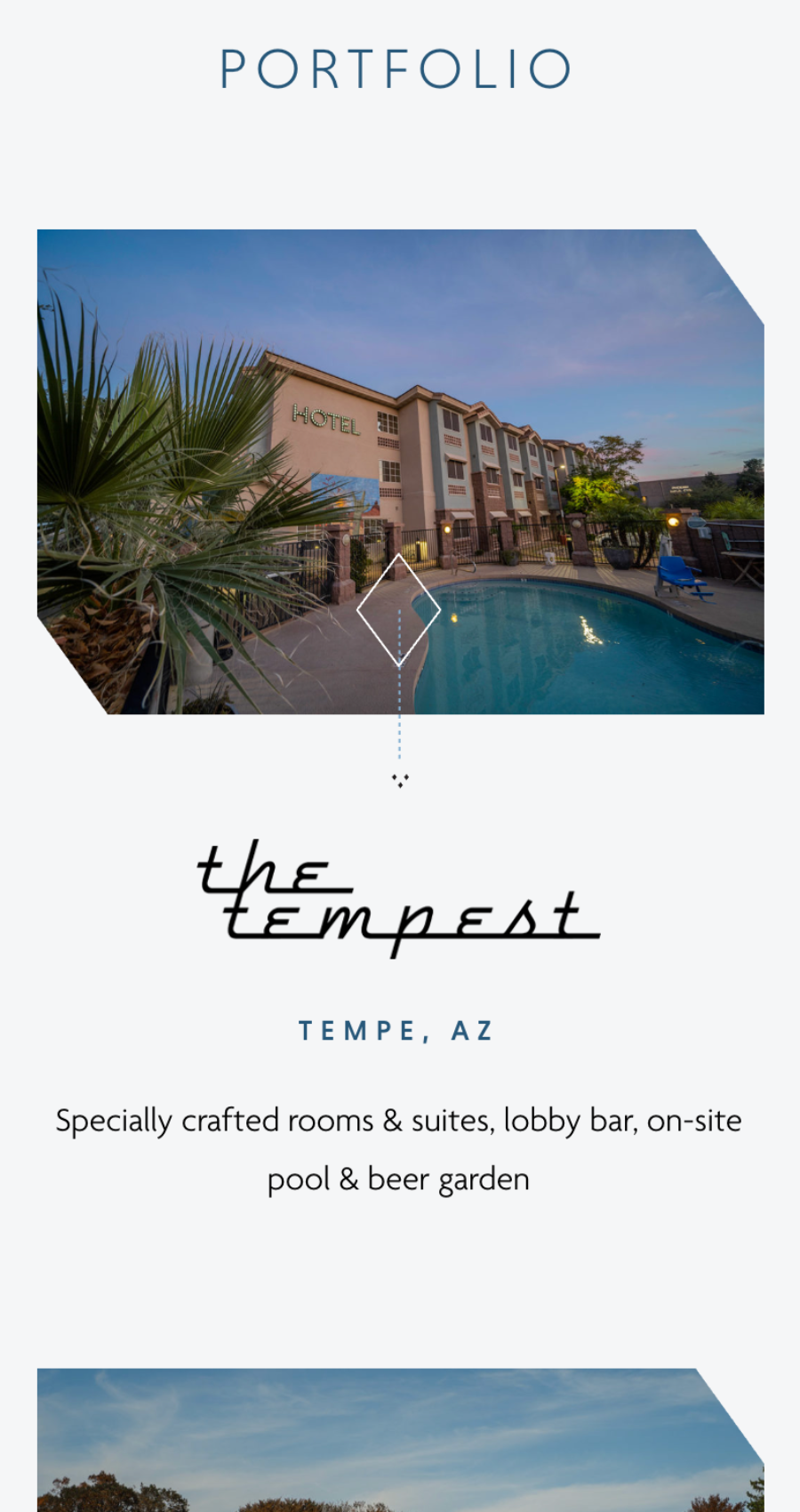 Exterior view of The Tempest hotel in Tempe, AZ at dusk, with a swimming pool in the foreground and palm trees nearby—perfect inspiration for creative hotel website design.