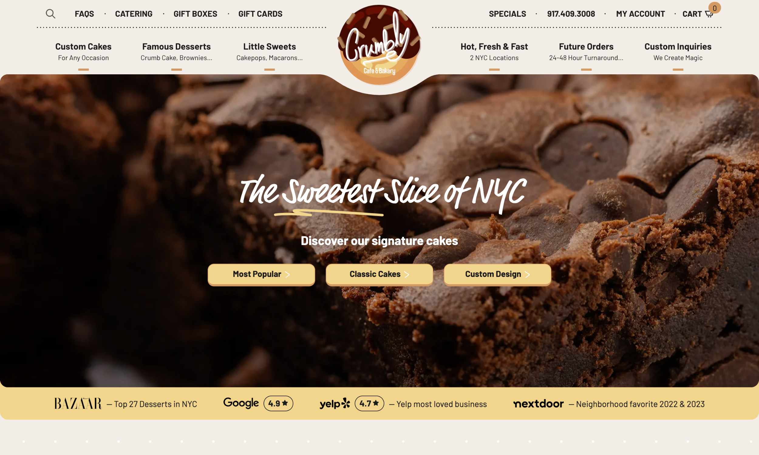 Close-up of a chocolate cake with a website header for "Crumbly Bakes & Sweets," showcasing elegant bakery website design elements like navigation links and cake category buttons overlaid on the image.
