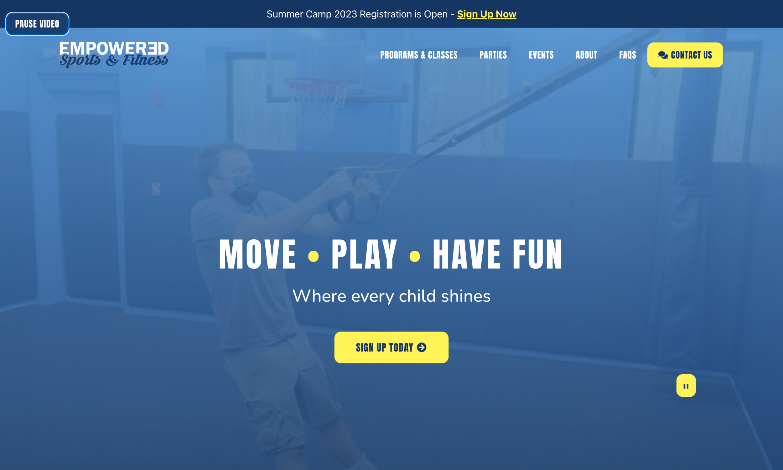 A person wearing a face mask uses suspension training straps in a gym. The text promotes Empowered Sports & Fitness, highlights their fitness website design, and encourages signing up for summer camp.