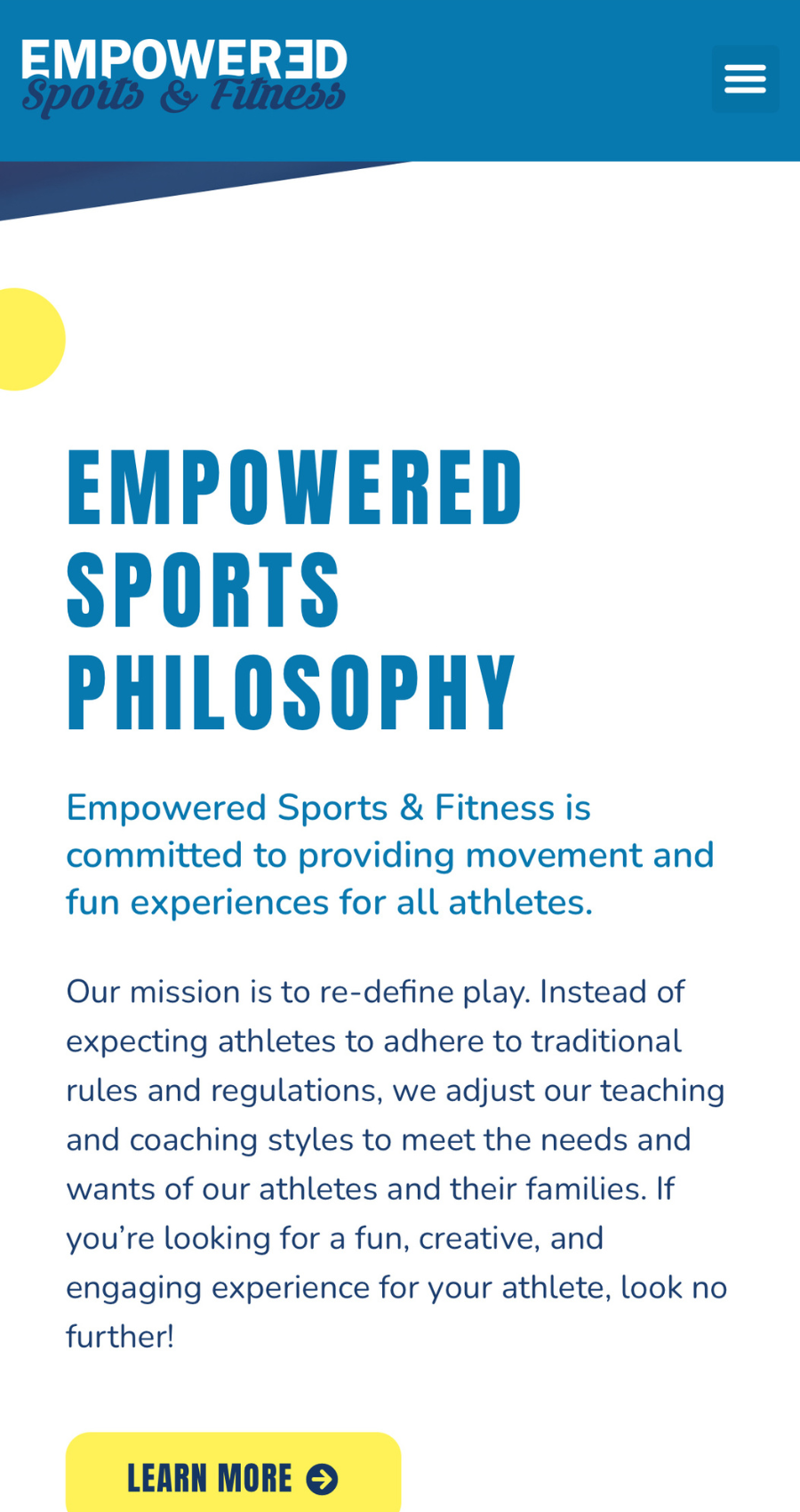 A mobile fitness website design for Empowered Sports & Fitness displays their philosophy, emphasizing fun and personalized movement experiences for athletes. A yellow "Learn More" button appears at the bottom.