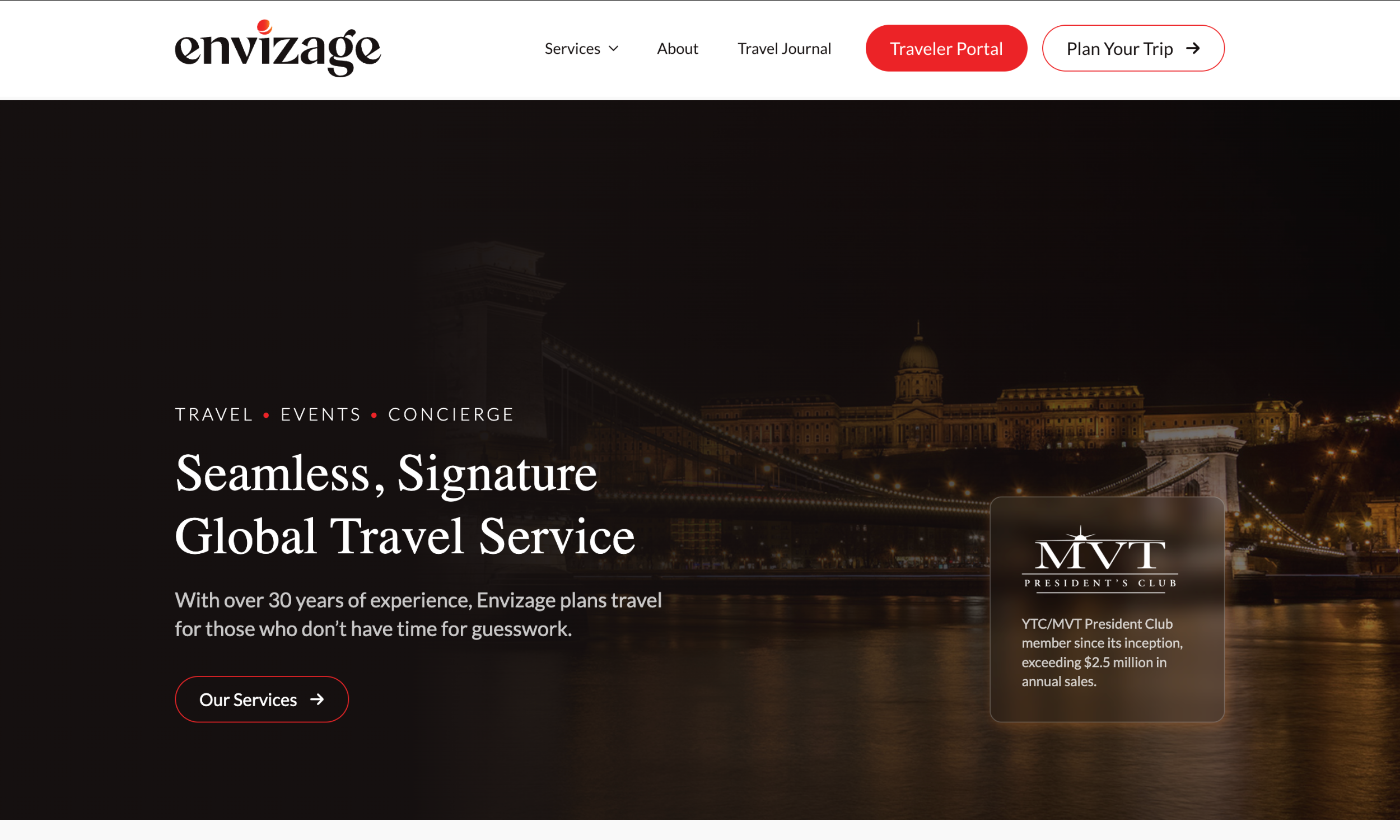 Homepage of Envizage travel service featuring a night view of a bridge, company logo, sleek navigation menu, and a highlight for MVT President’s Club membership—showcasing modern travel agency website design.