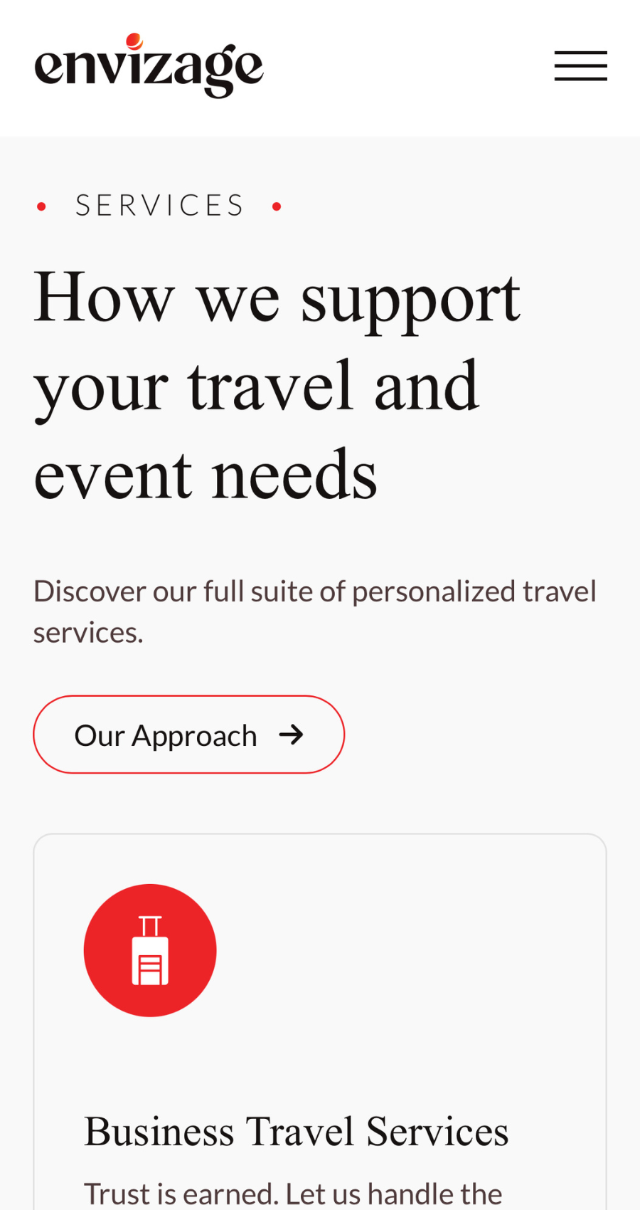 Screenshot of Envizage services webpage featuring travel agency website design elements, a header about supporting travel and event needs, an "Our Approach" button, and a dedicated section for Business Travel Services.