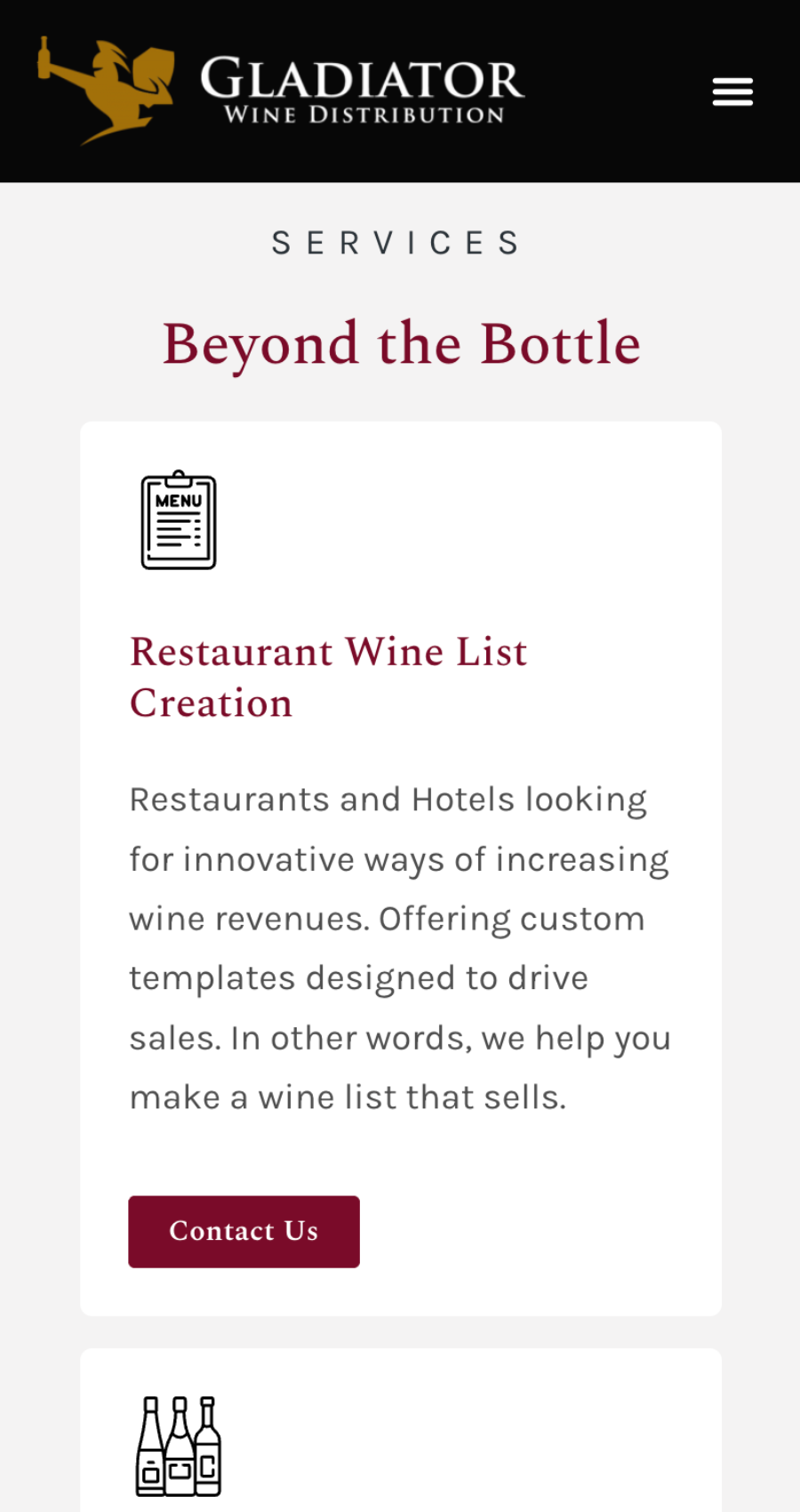 A webpage for Gladiator Wine Distribution showcases their wine list creation service for restaurants and hotels, featuring expert wine website design and a "Contact Us" button for easy inquiries.
