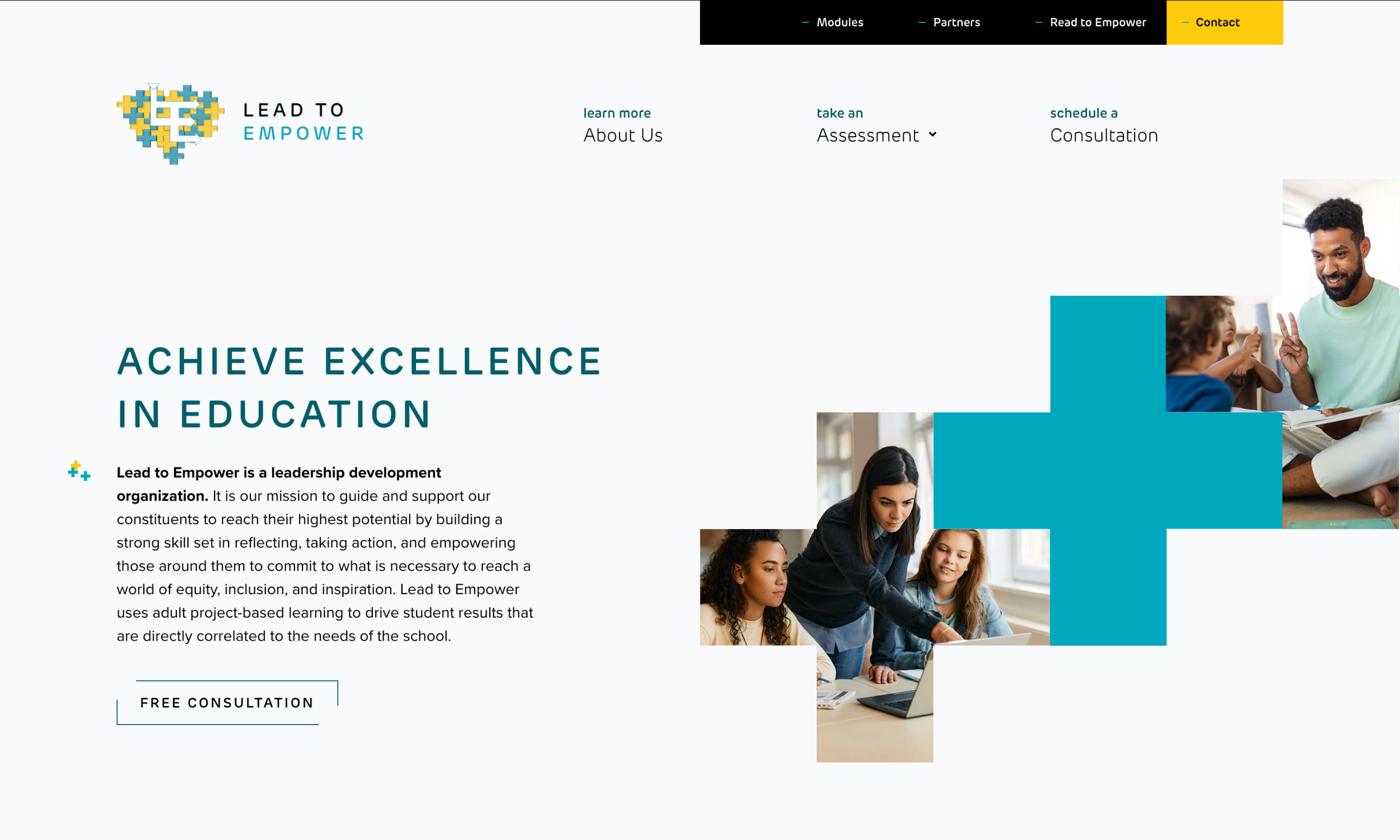 Screenshot of a school website design for "Lead to Empower," featuring information about educational leadership development and images of diverse people collaborating and learning together.