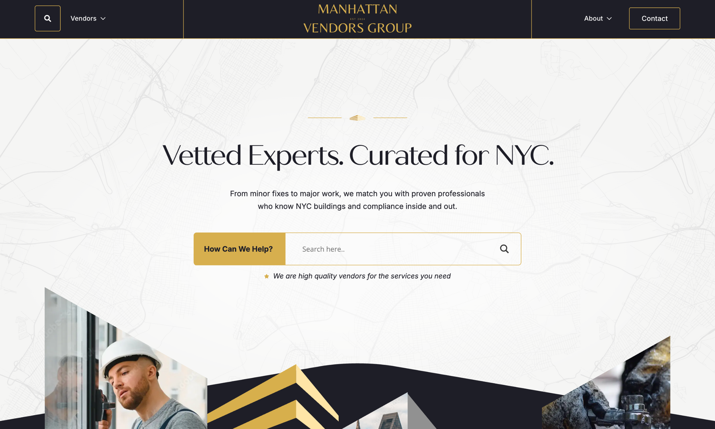 Screenshot of a property developer website design for Manhattan Vendors Group, featuring a search bar, navigation menu, and the text “Vetted Experts. Curated for NYC.” alongside photos of people and buildings.