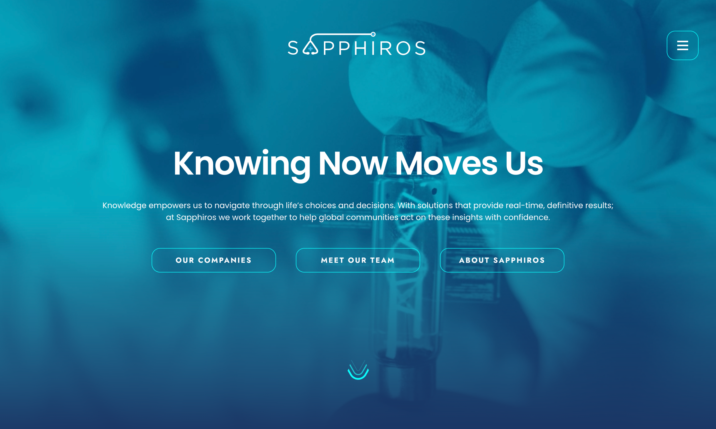 A blue-tinted investment advisor website design for Sapphiros displays the slogan "Knowing Now Moves Us" over a blurred lab scene, with buttons for company info, team, and about page.