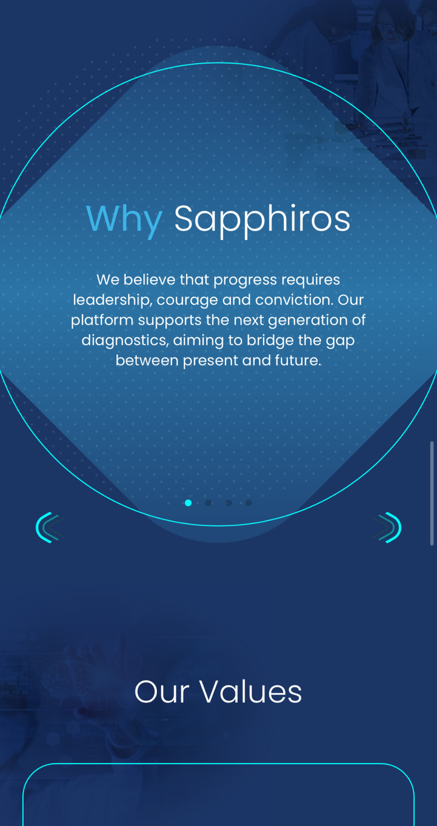 A section of the website titled "Why Sapphiros" explains the company's mission to support next-generation diagnostics and bridge the gap between present and future, reflecting the thoughtful approach found in top investment advisor website design.