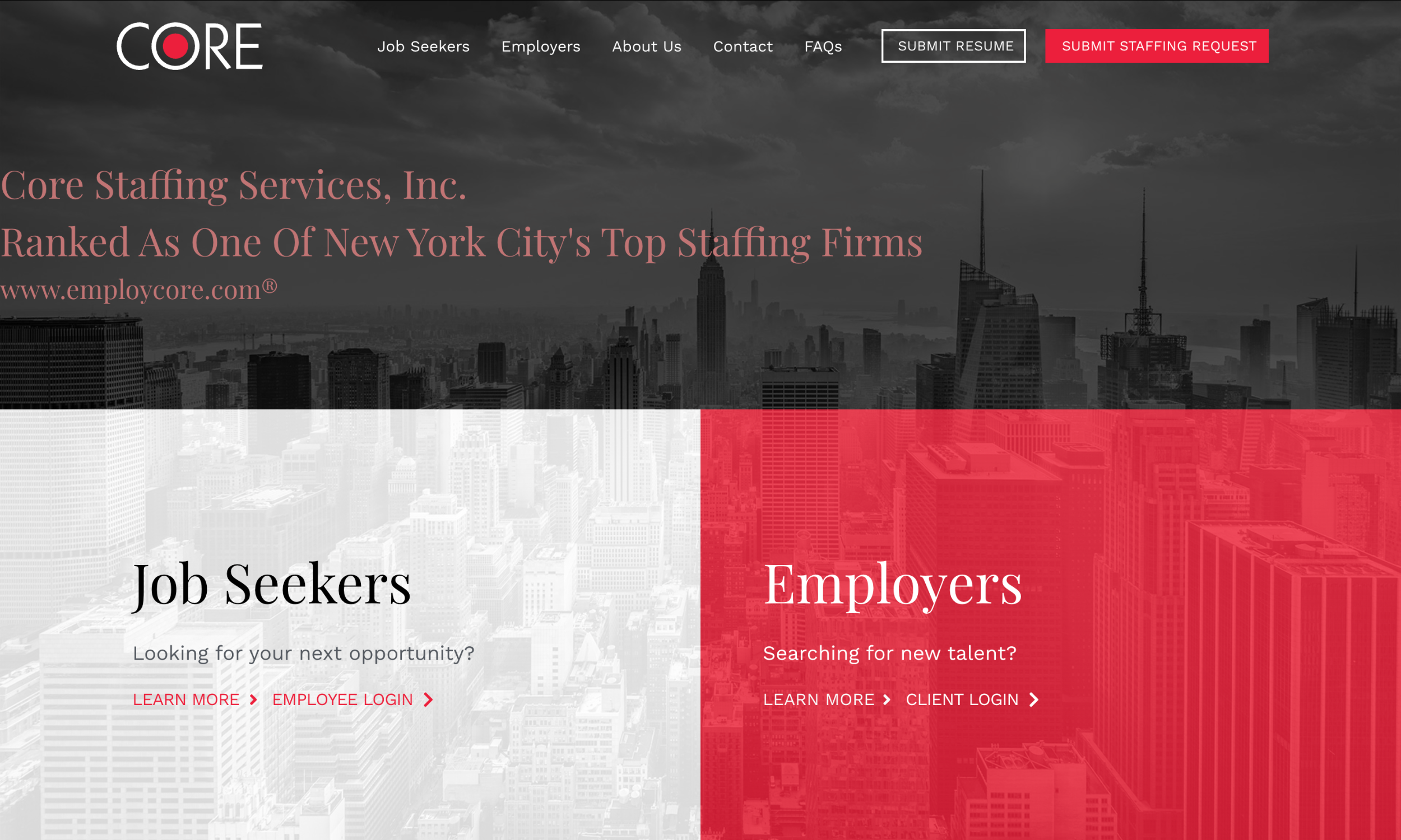 Screenshot of Core Staffing Services staffing website design homepage, featuring a navigation menu, company name, and separate sections for job seekers and employers set against a city skyline background.