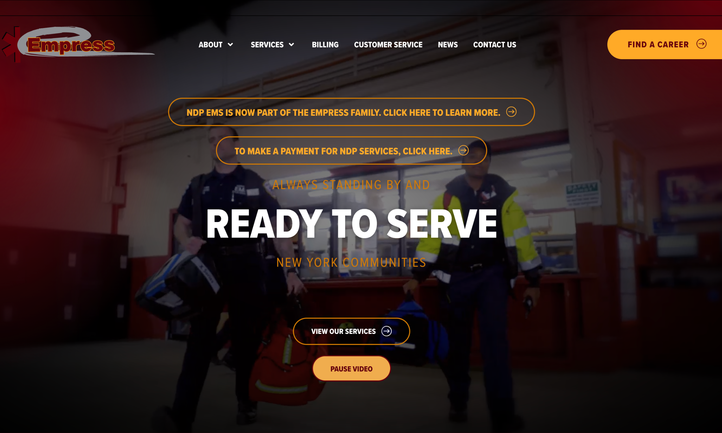 Two emergency medical personnel walk inside a building. Text overlay highlights Empress EMS services, billing, customer service, career opportunities, and Medical Website Redesign Services for better online user experience.