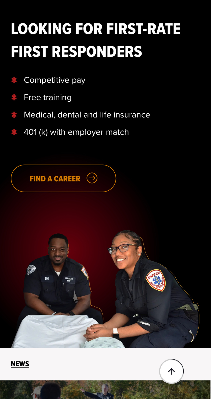 Two first responders in uniform sit and smile at the camera, with text promoting job benefits like competitive pay, free training, and insurance—perfect for those inspired by teamwork or seeking opportunities in fields like Medical Website Redesign Services.