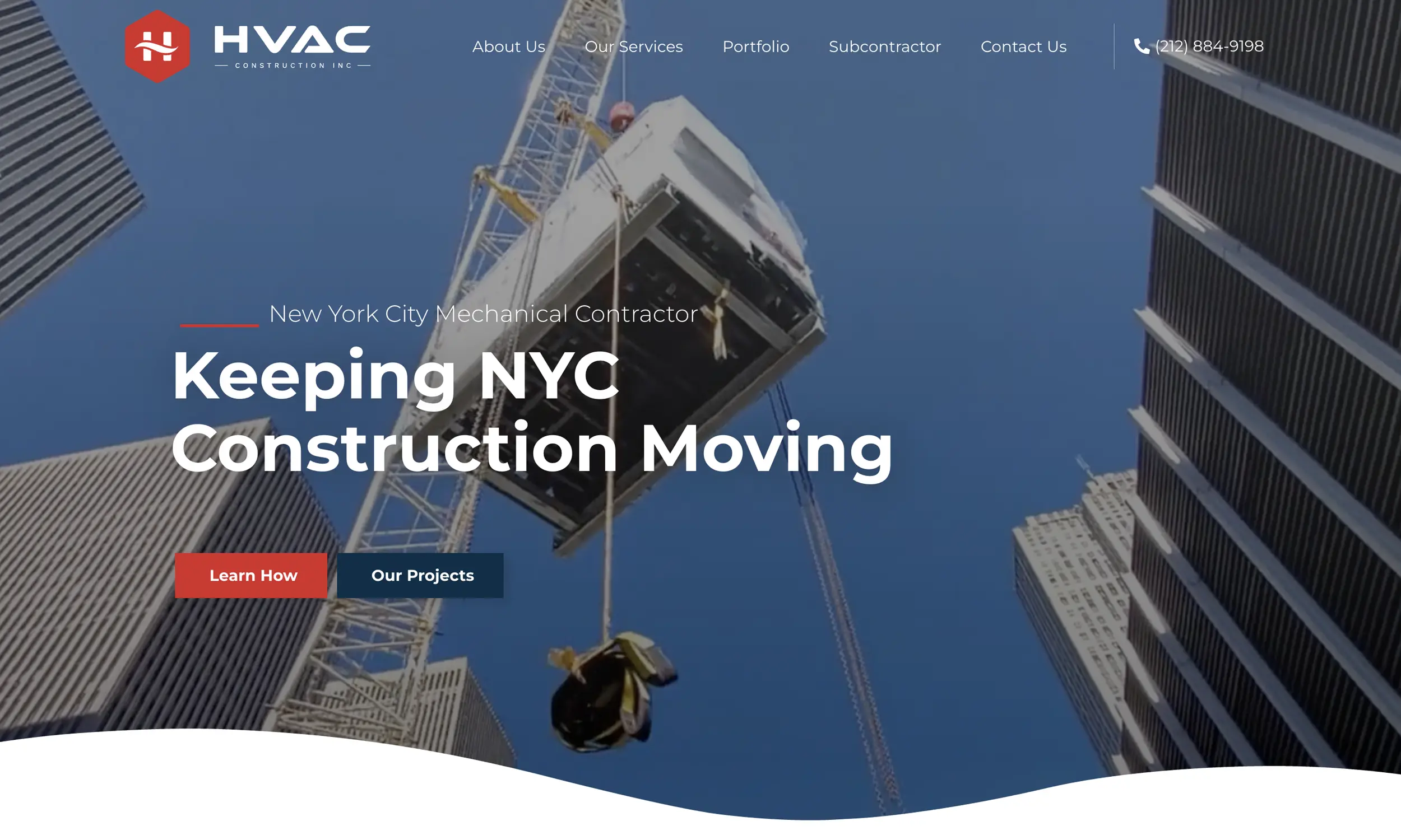 A crane hoists equipment above city skyscrapers under a clear blue sky, featuring bold hvac website design text overlay for construction service promotion.