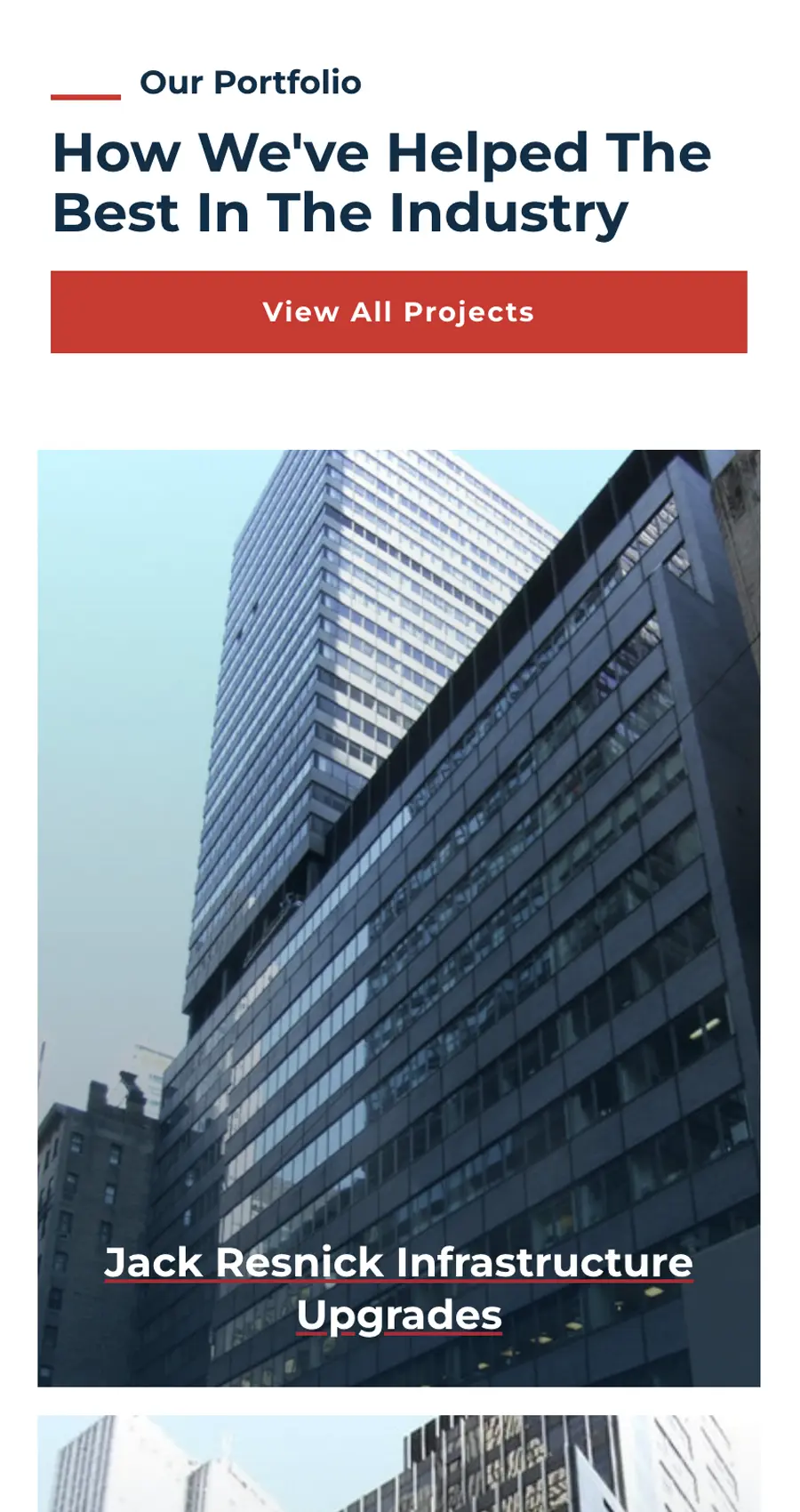 A tall modern office building with glass windows is shown under the heading "Jack Resnick Infrastructure Upgrades," highlighting recent improvements such as advanced HVAC systems and innovative website design solutions.