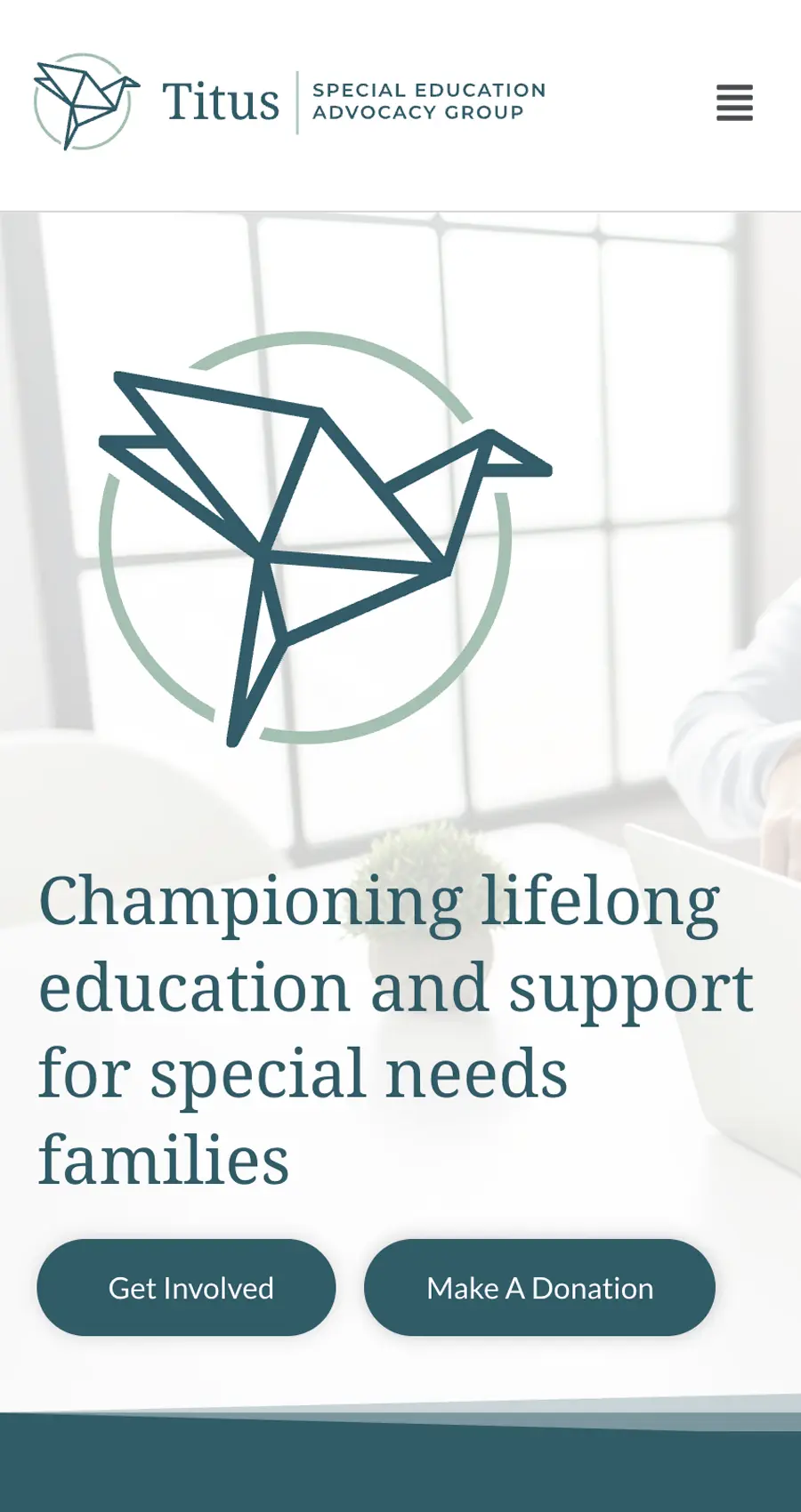 Website homepage for Titus Special Education Advocacy Group, a leading special education website, with a paper crane logo and text: "Championing lifelong education and support for special needs families." Two buttons: Get Involved, Make A Donation.