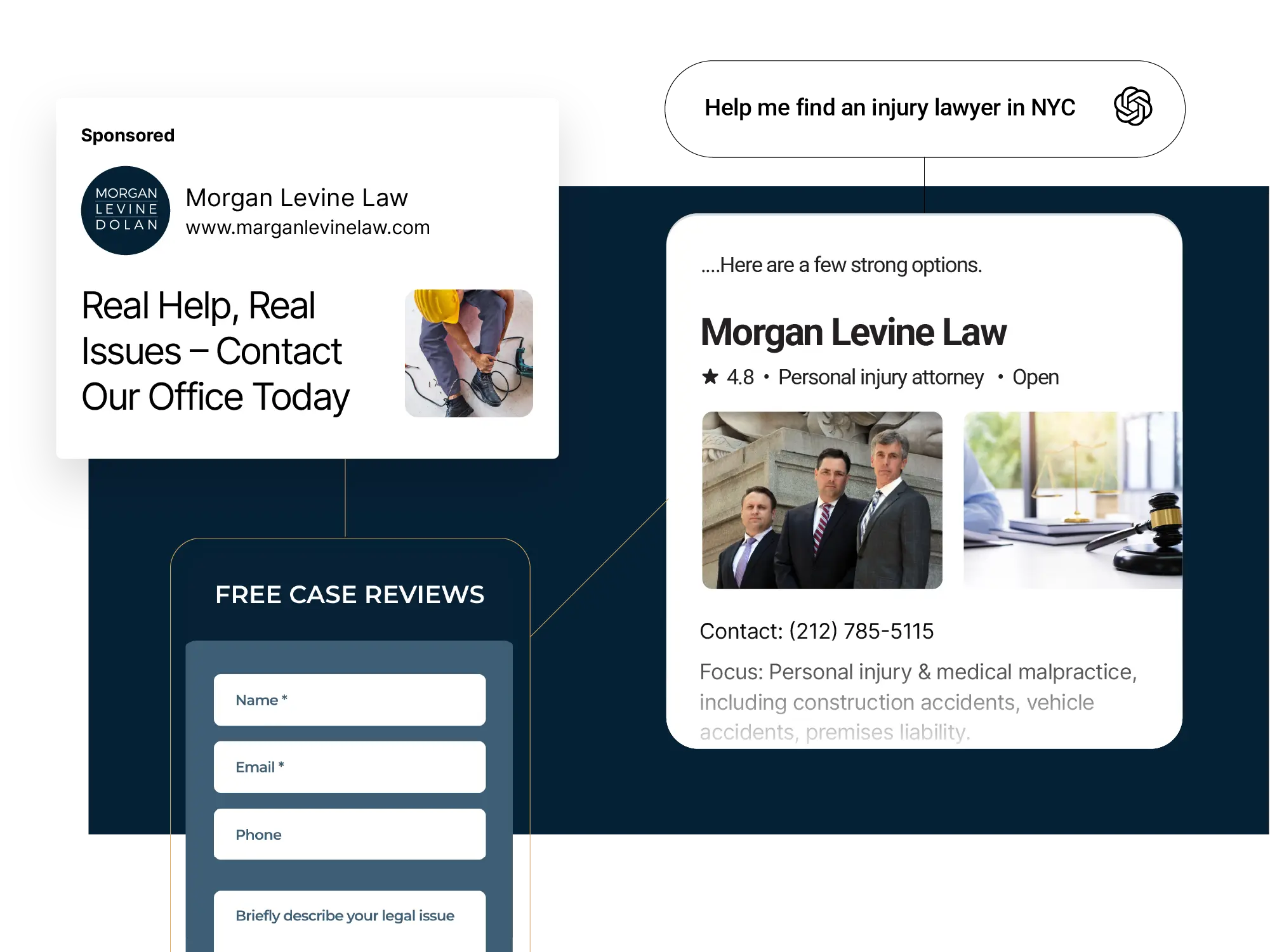 Screenshot showing Google search results for Morgan Levine Law, featuring a sponsored ad, a business listing with contact info, and a free case review form—an example of what a Small Business Marketing Agency can achieve.