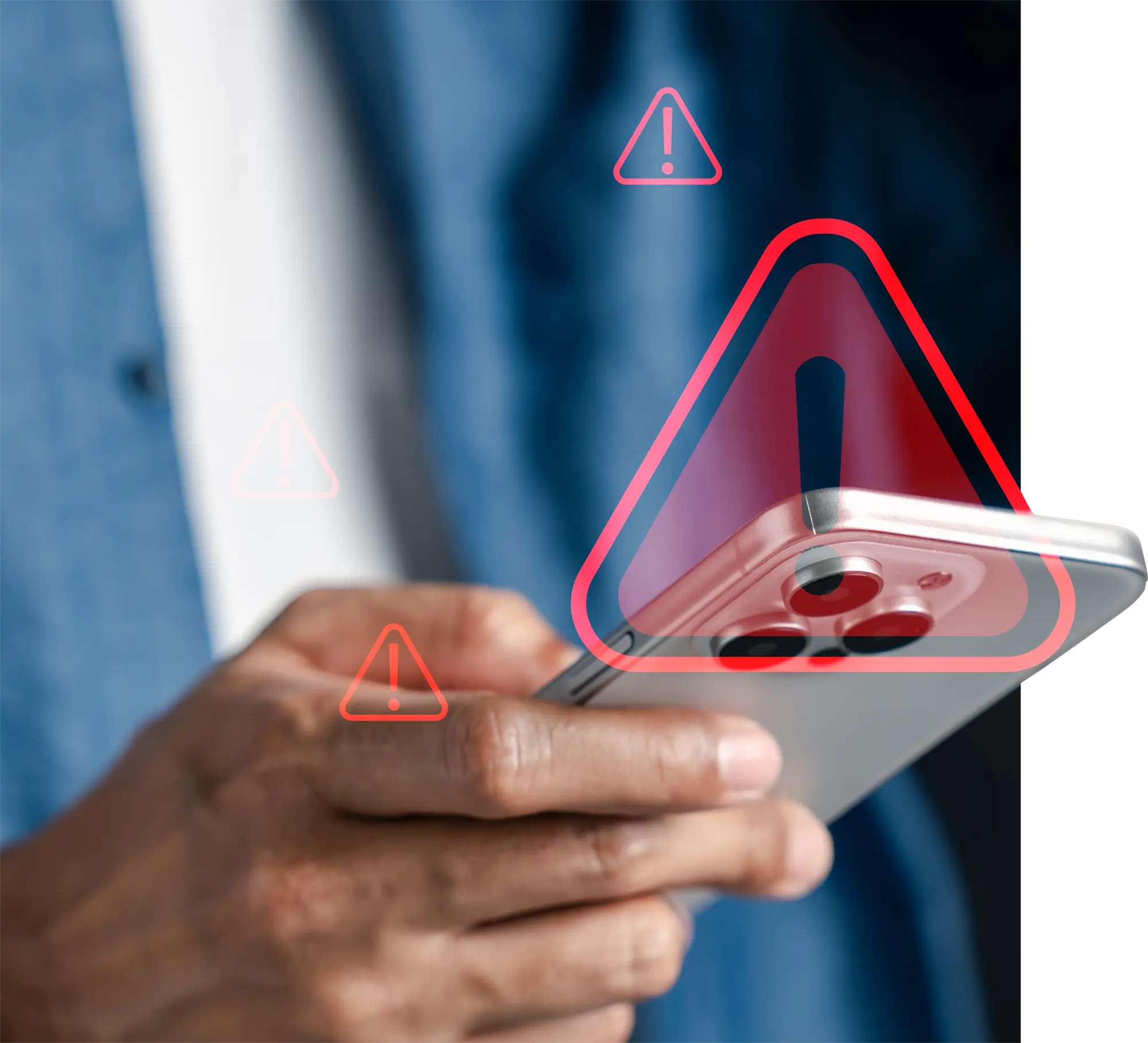 Man holding an IPhone with caution signs floating in the background