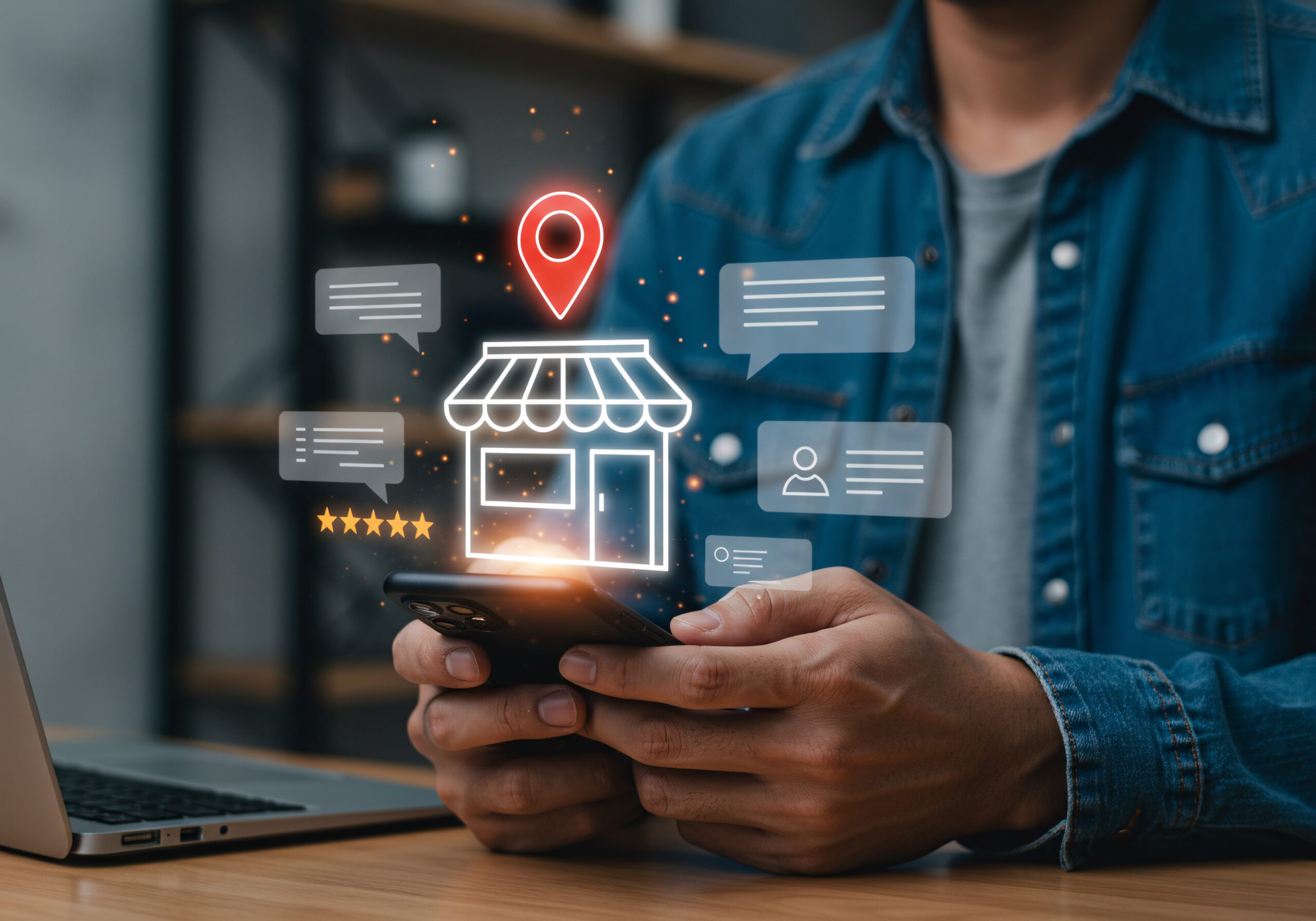 A person holds a smartphone displaying digital icons of a storefront, chat bubbles, a location pin, and star ratings—perfectly illustrating Local SEO For Small Business and the importance of being found in local online searches.
