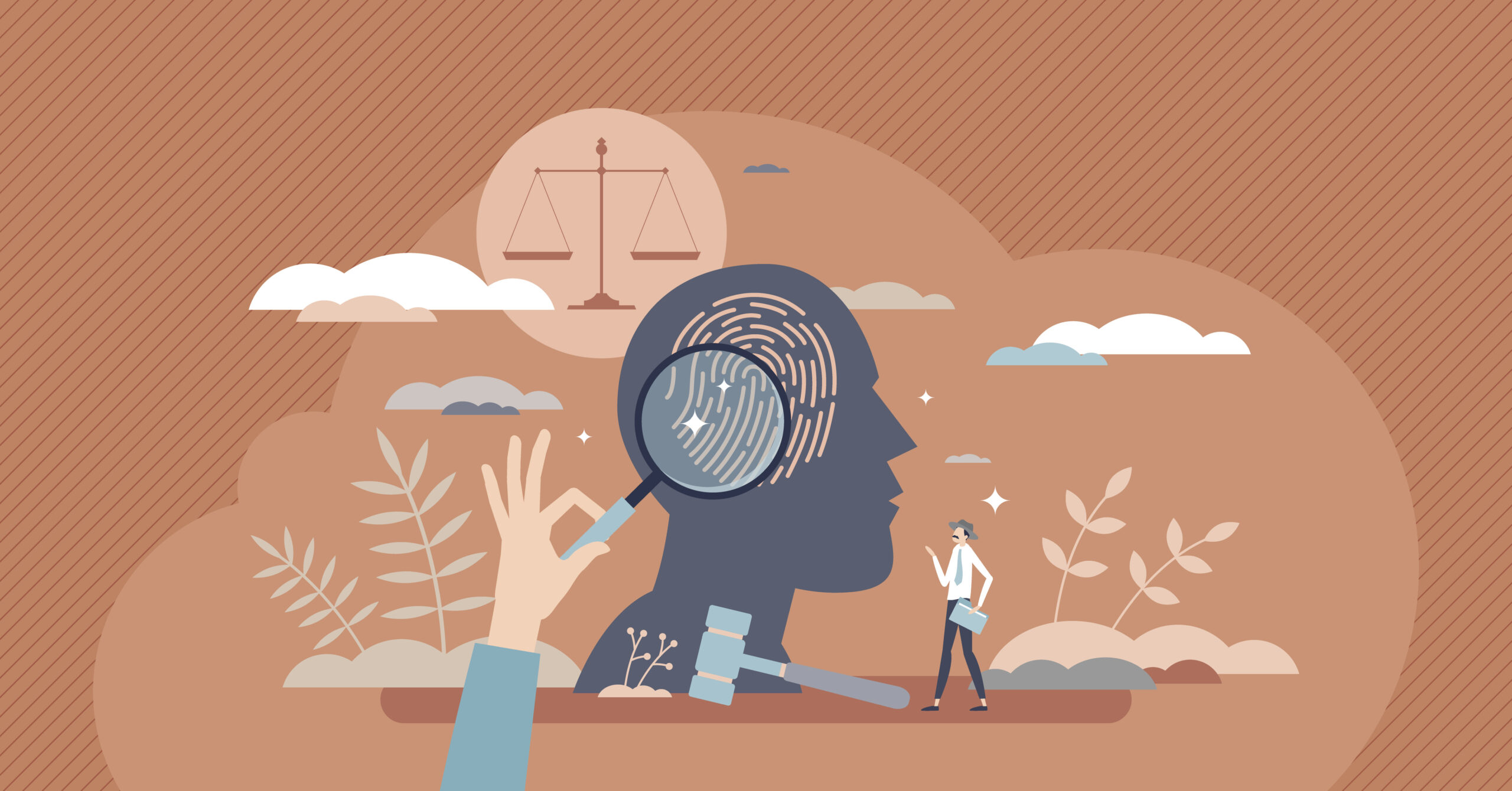 Illustration of a magnifying glass examining a fingerprint on a human head silhouette, with a gavel, scales of justice, and a person observing in the background.