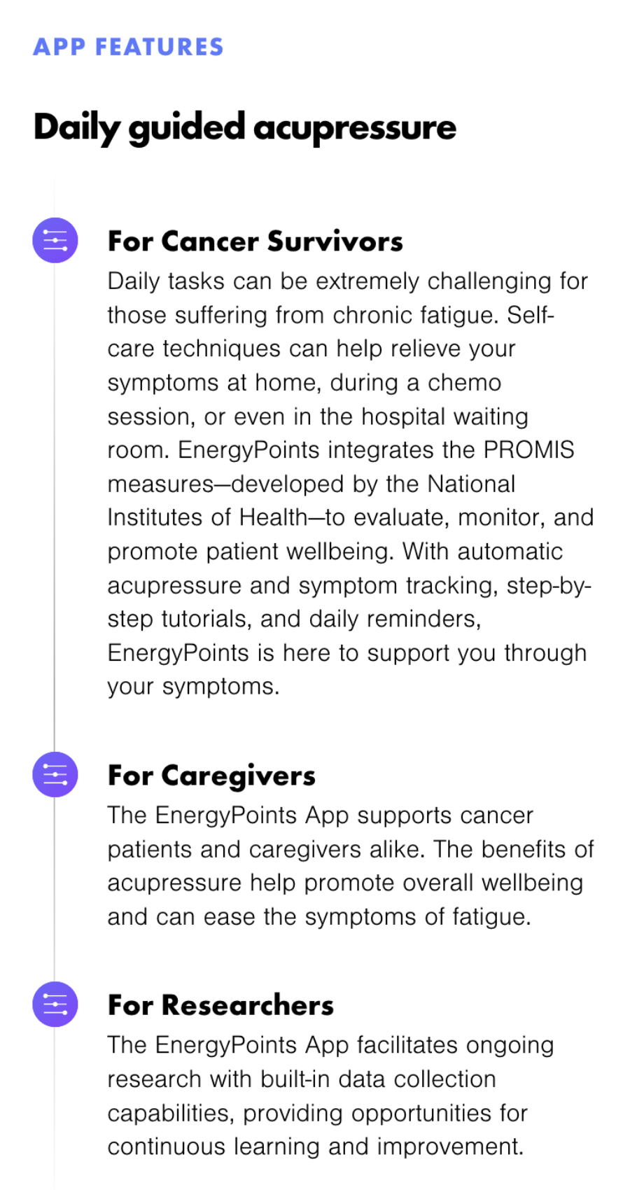 Screenshot of an app feature titled "Daily guided acupressure," describing benefits for cancer survivors, caregivers, and researchers, with icons and brief explanatory text for each group.
