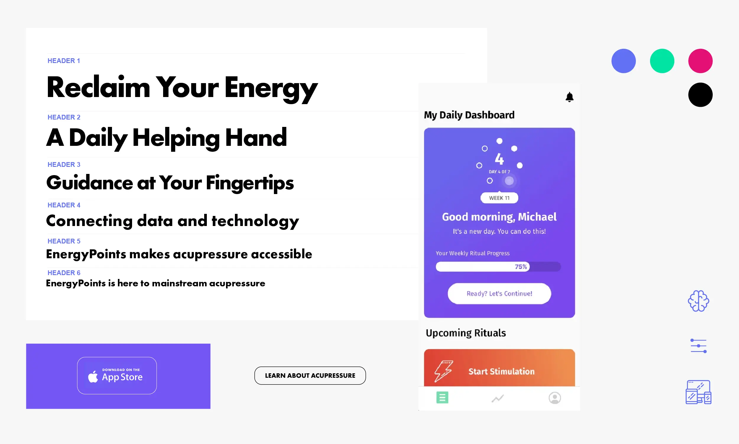 A digital interface shows headings about acupressure, a dashboard greeting Michael, a progress bar, app buttons, and options for learning or starting a simulation.