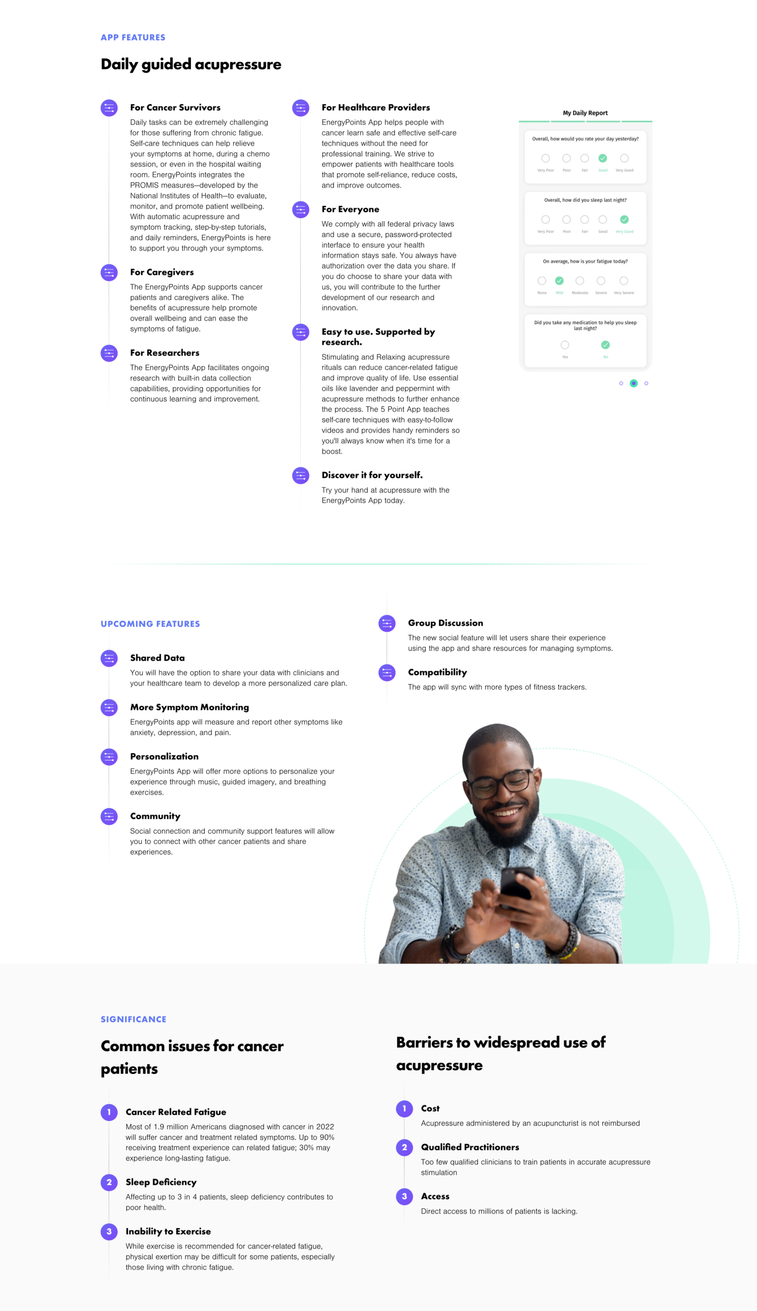Screenshot of a webpage describing a daily guided acupressure app for cancer patients, listing features, upcoming capabilities, significance, and showing a man smiling at his phone.