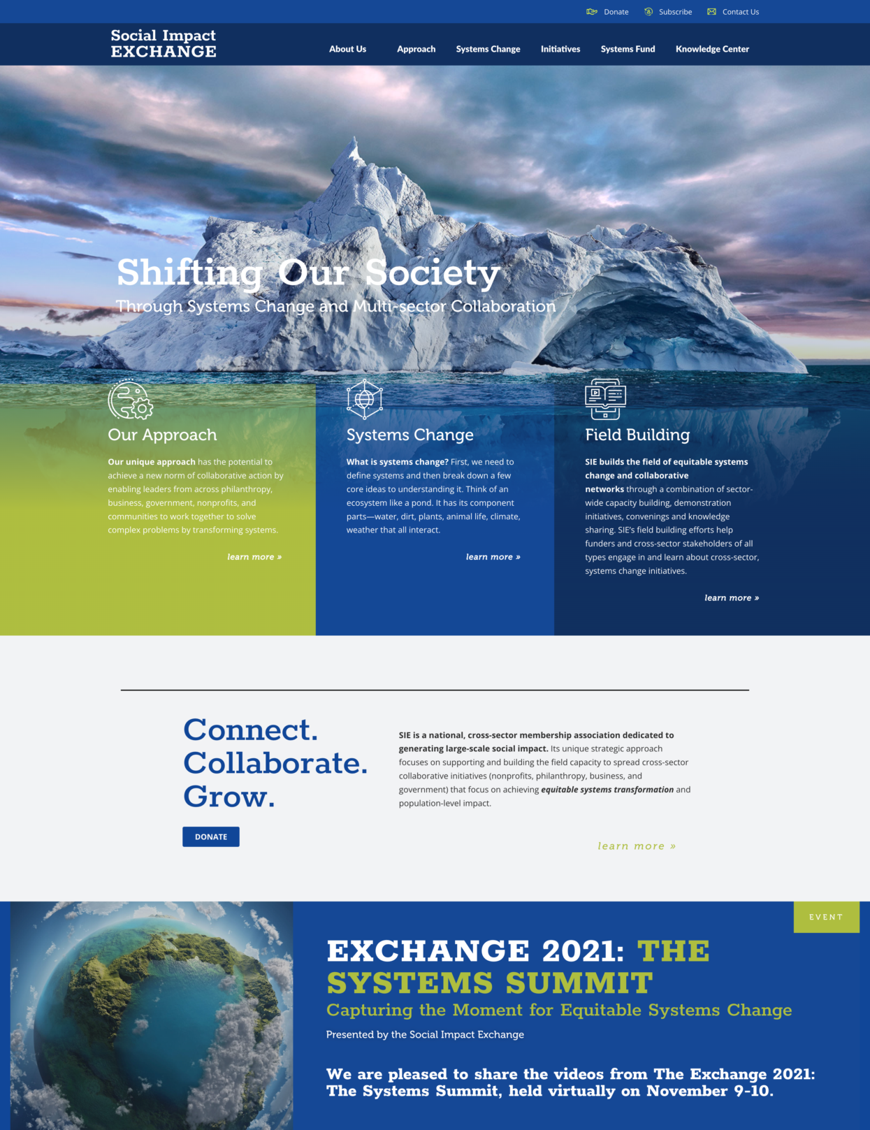 Screenshot of the Social Impact Exchange website homepage featuring navigation links, a large banner image of a mountain, and sections on systems change, collaboration, and the 2021 summit event.