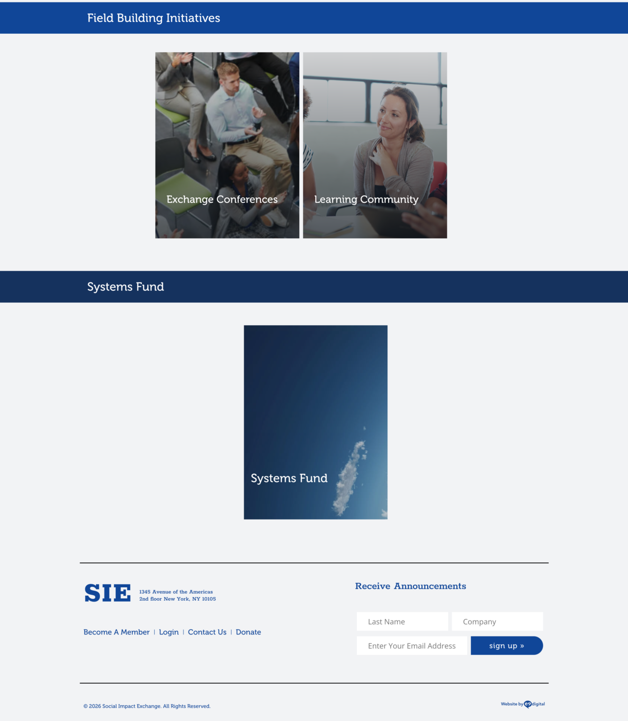 Screenshot of a webpage showing "Field Building Initiatives" with options for "Exchange Conferences" and "Learning Community," and "Systems Fund" sections, plus a footer with signup and links.