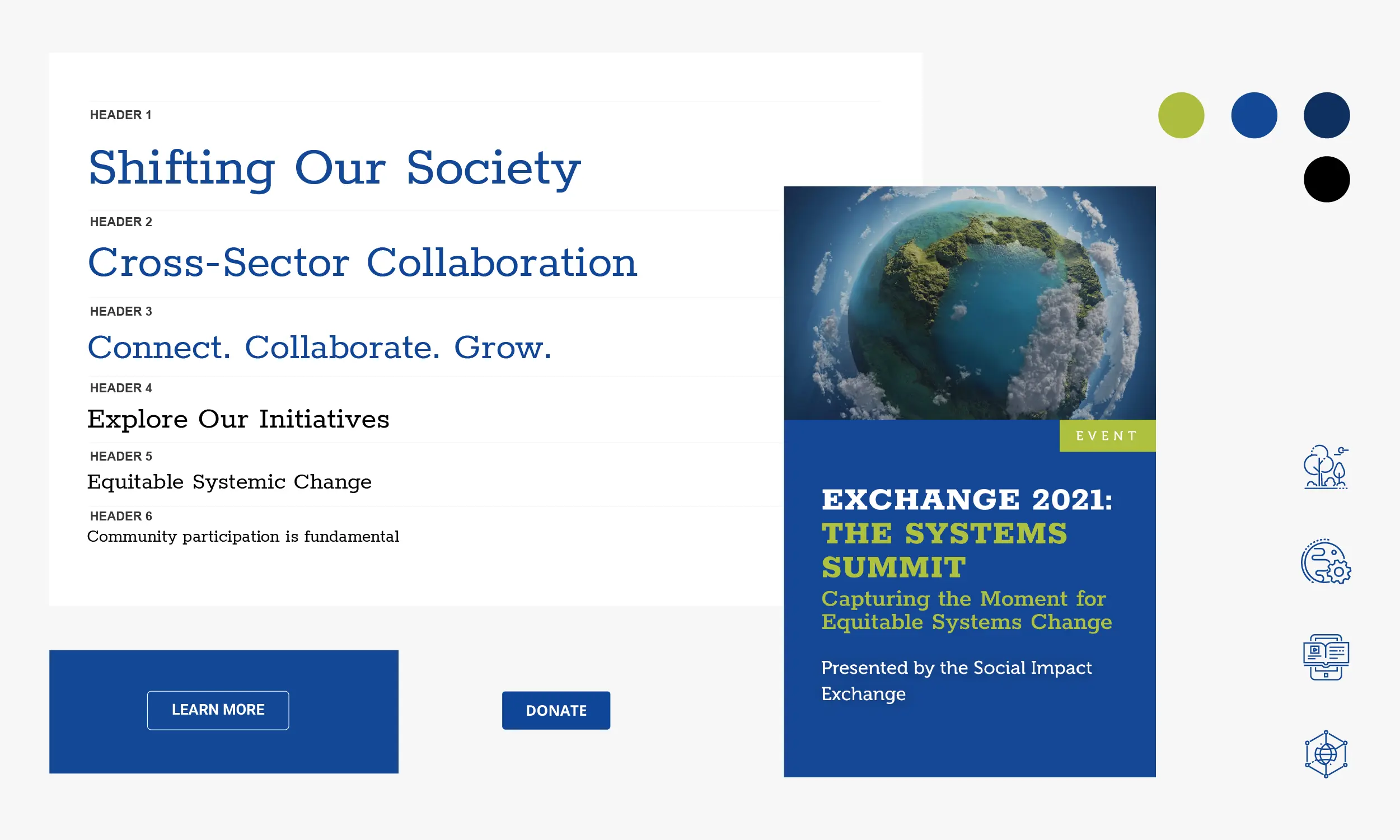 Webpage layout featuring text about "Shifting Our Society" and "Cross-Sector Collaboration," with a highlighted event titled "Exchange 2021: The Systems Summit" and buttons for learn more and donate.