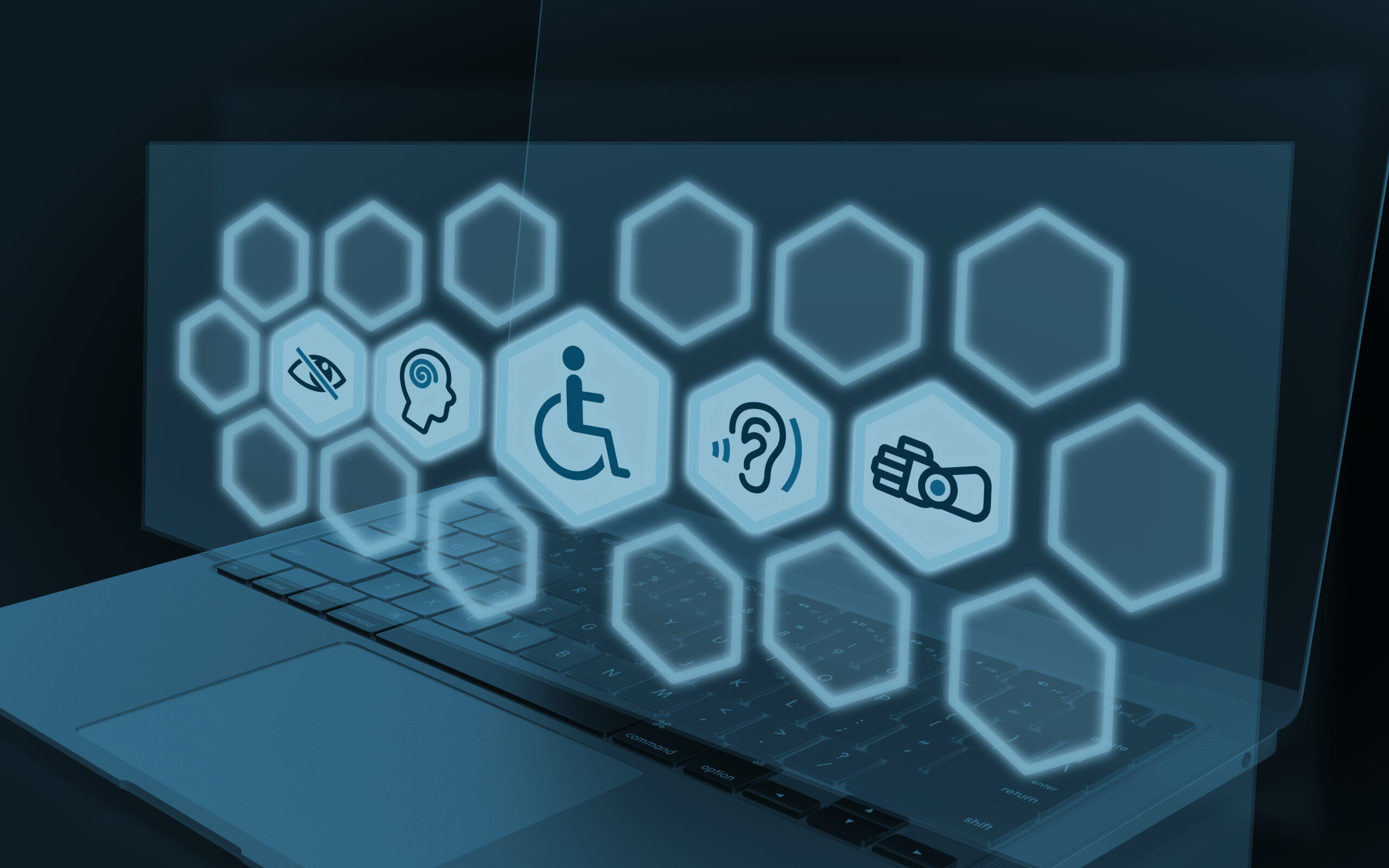 A laptop with floating hexagonal icons representing various accessibility features, such as visual, cognitive, mobility, hearing, and physical assistance.