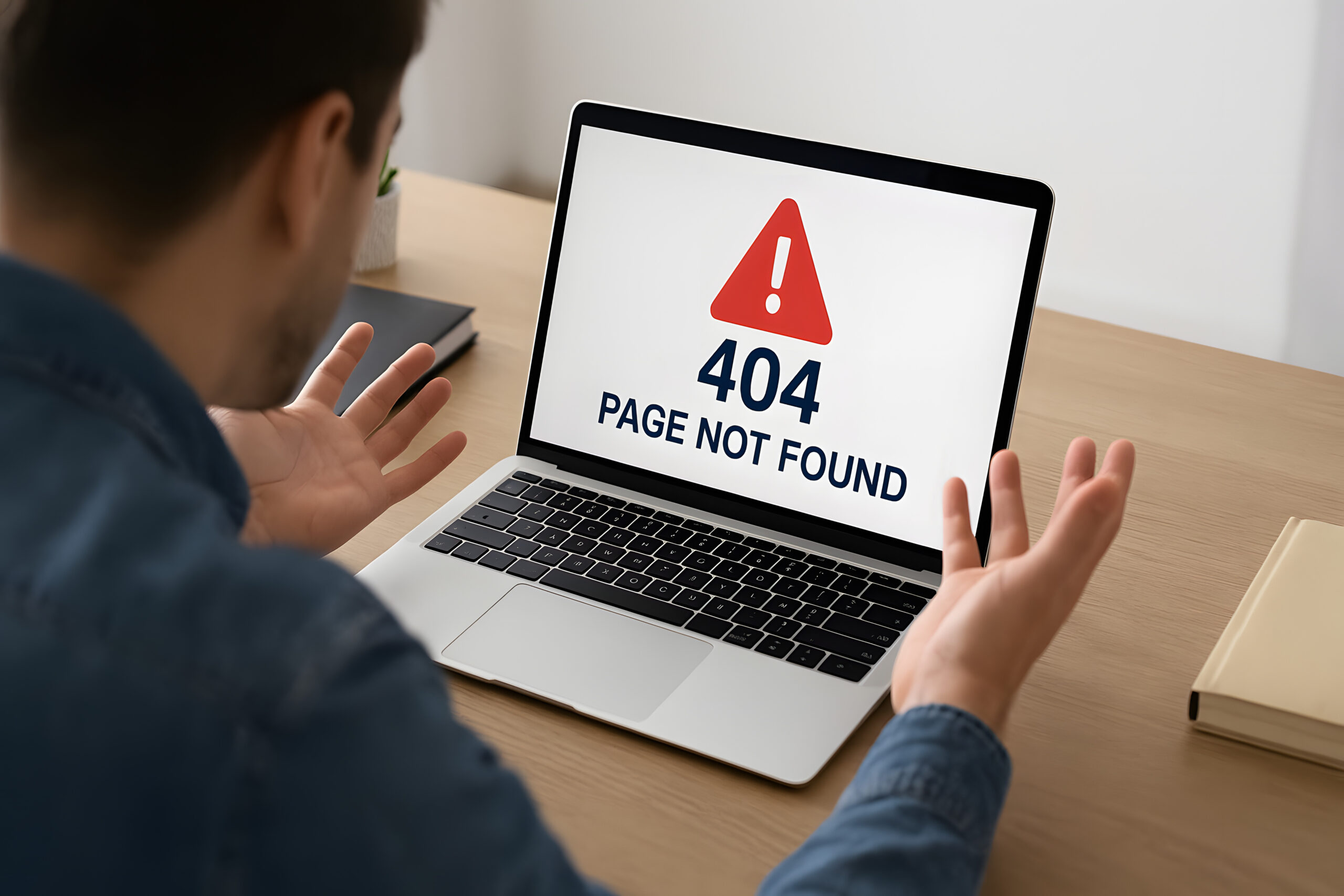 Person sitting at a desk looking at a laptop displaying a "404 Page Not Found" error message on the screen.