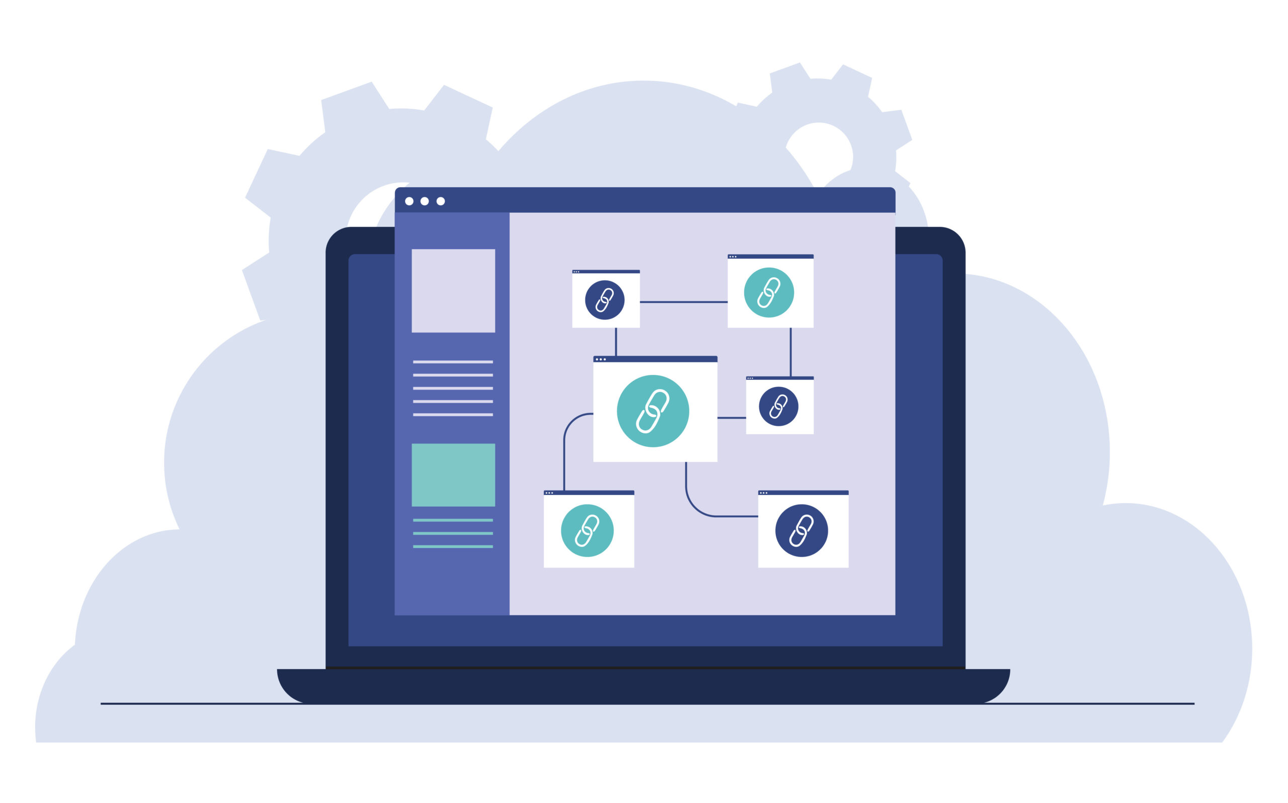 Illustration of a laptop displaying a flowchart with linked nodes, set against a background of cloud shapes and gears.
