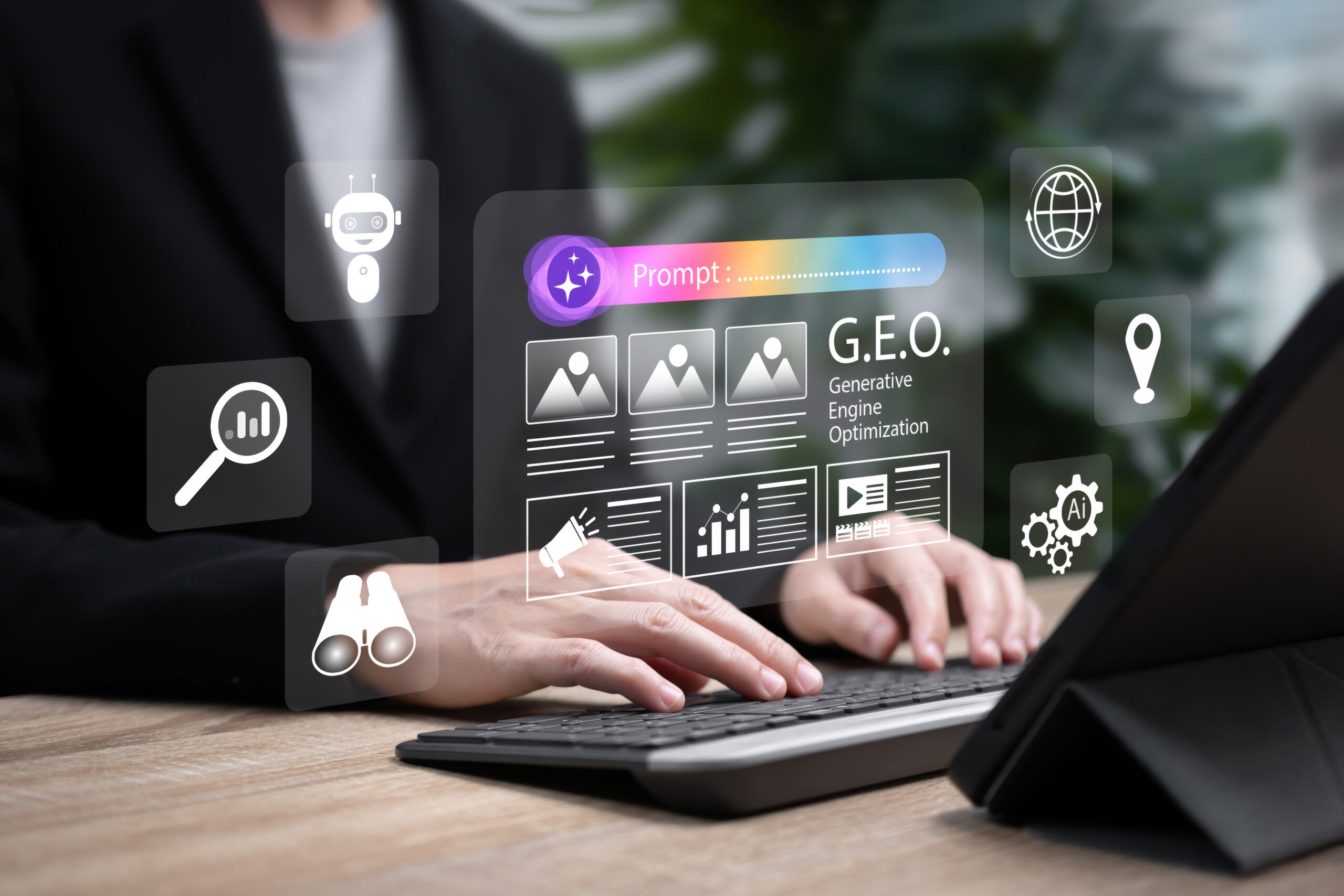 Person typing on a keyboard with a Generative Engine Optimization (GEO) interface and icons, such as a robot, magnifying glass, and globe, displayed above the keyboard.