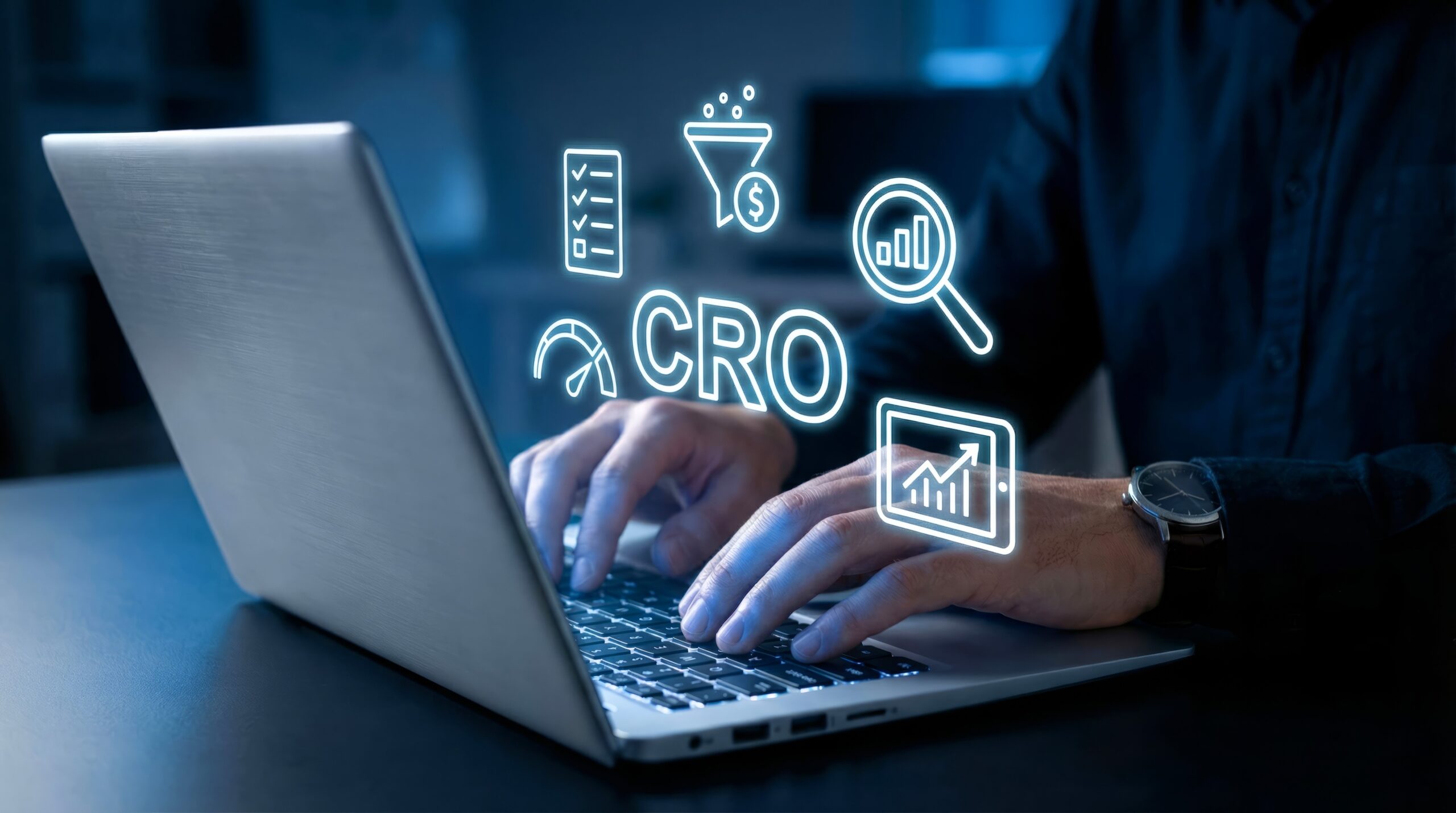 Person typing on a laptop with digital Conversion Rate Optimization (CRO) icons, including a funnel, magnifying glass, and graph, overlaid above the keyboard.