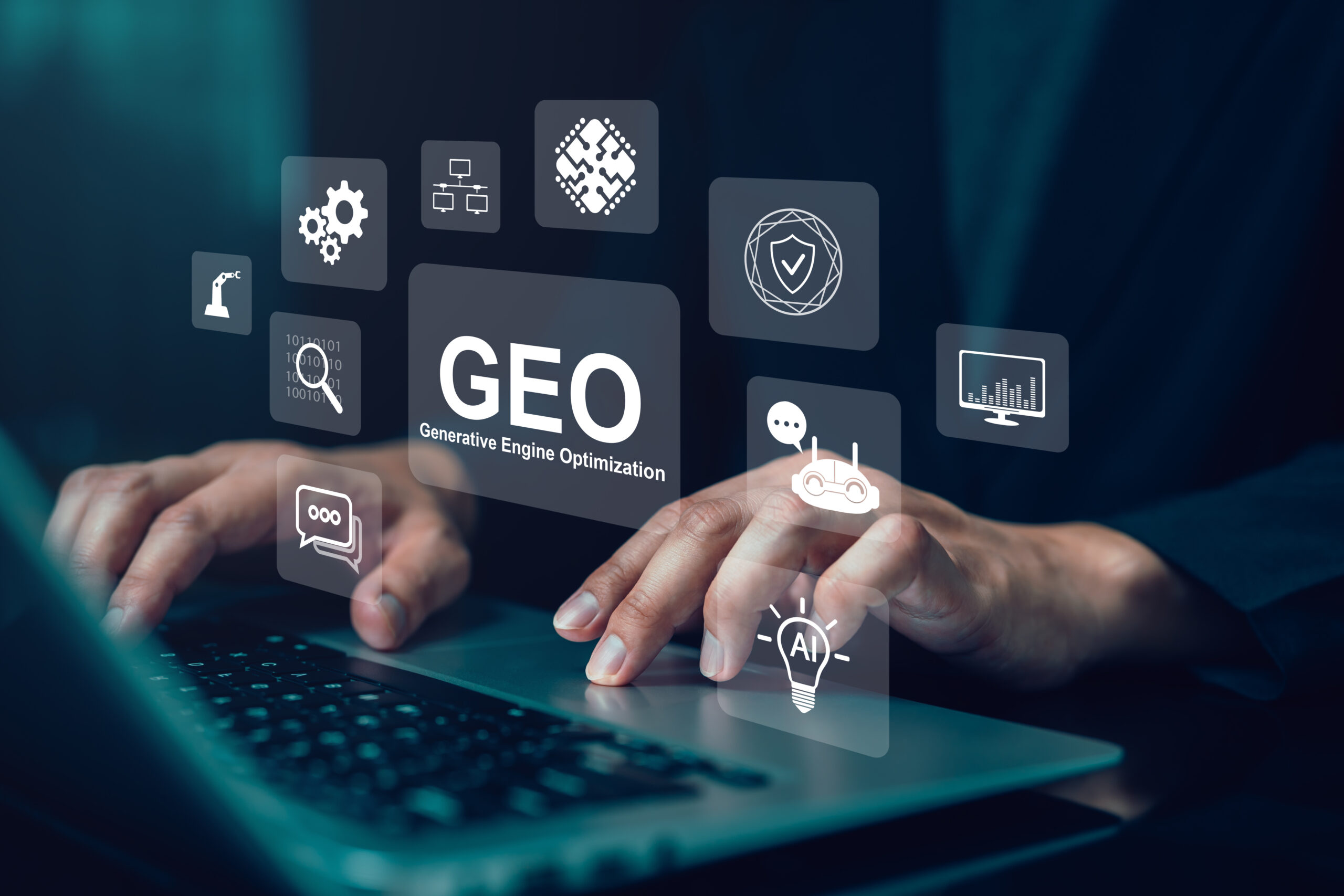 Person typing on a laptop with digital icons and the text "GEO Generative Engine Optimization" displayed above the keyboard, highlighting the difference between GEO vs SEO in digital marketing strategies.