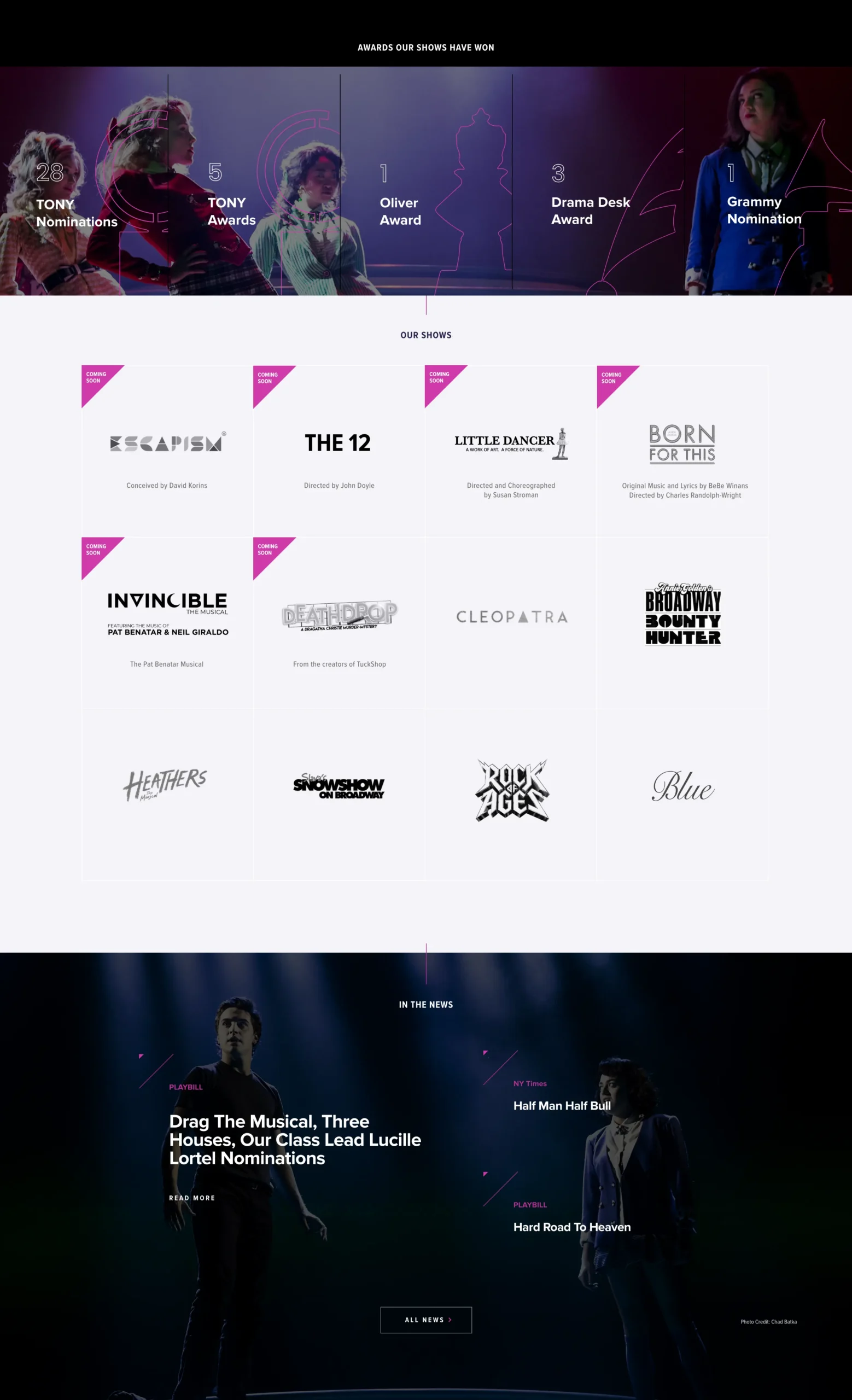 A website section displays awards won, a grid of musical show titles, and news headlines with images of stage performances.