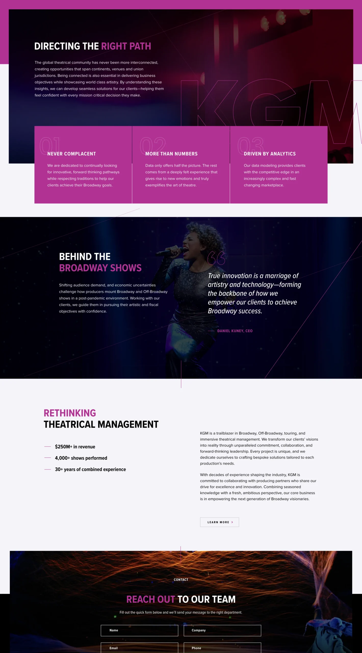 Screenshot of a website featuring sections about theatrical management, analytics, and Broadway shows, with text, a singer performing, and contact information at the bottom.