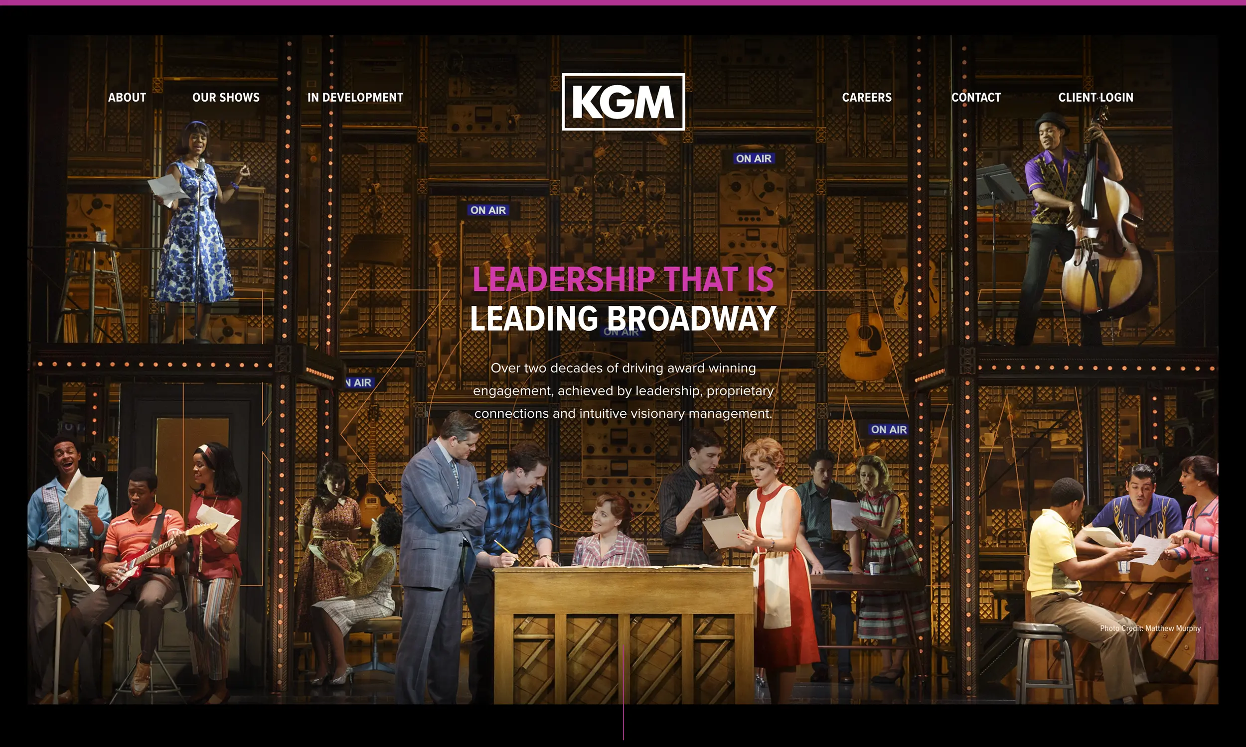 Actors perform on a Broadway stage set with musical instruments and props, overlaid with the KGM logo and navigation menu for a theater-focused website.