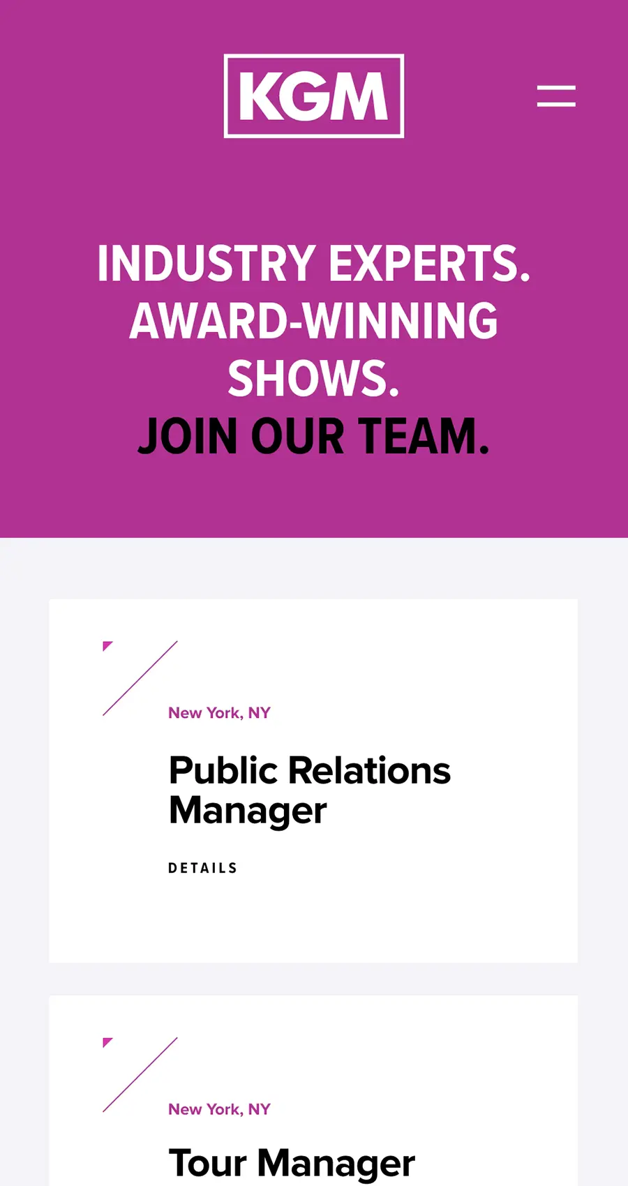 A website page with a purple header reading "KGM," "Industry Experts. Award-Winning Shows. Join Our Team." Job listings for Public Relations Manager and Tour Manager are shown.