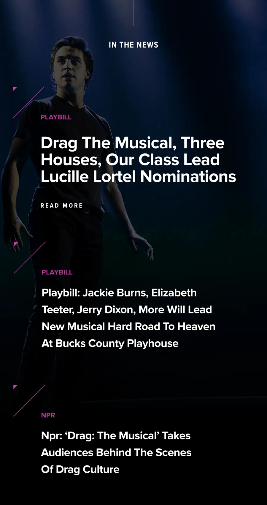 A person stands on stage in dim lighting next to news headlines about multiple theater productions and Lucille Lortel nominations.