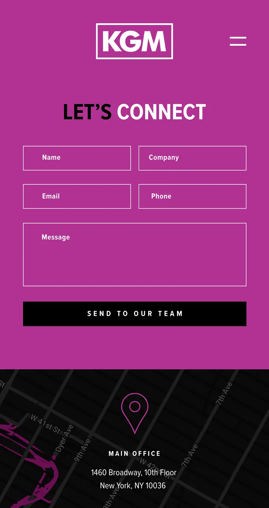 Contact form for KGM with fields for name, company, email, phone, and message; includes a "Send to Our Team" button and office address in New York.